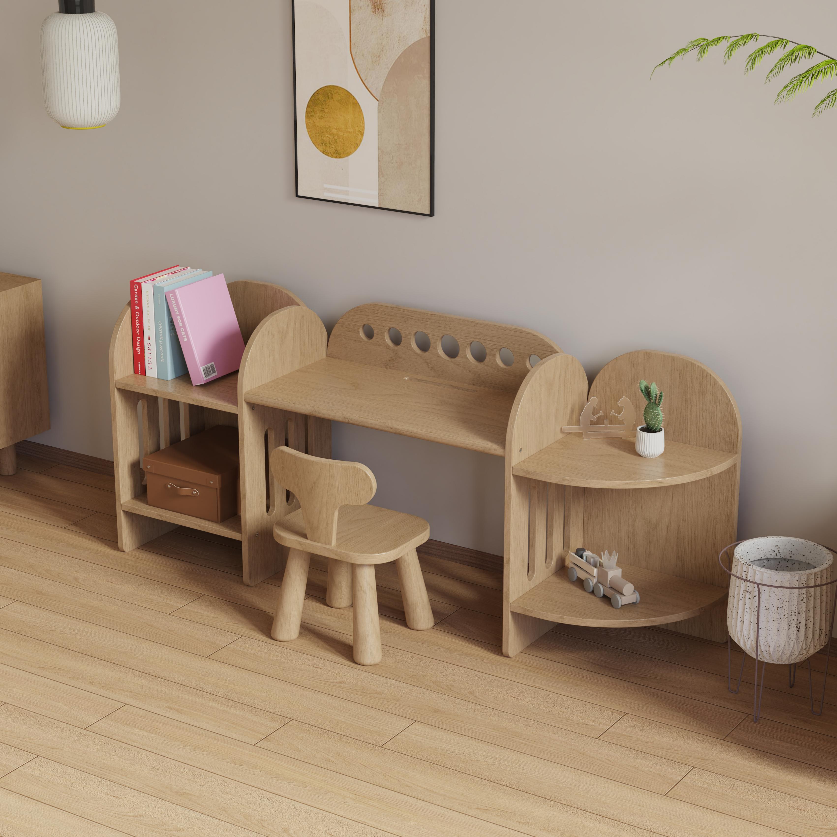 Nordic Solid Wood Kids Study Desk Set With Bookshelf Chair for Home School Playroom Space Saving
