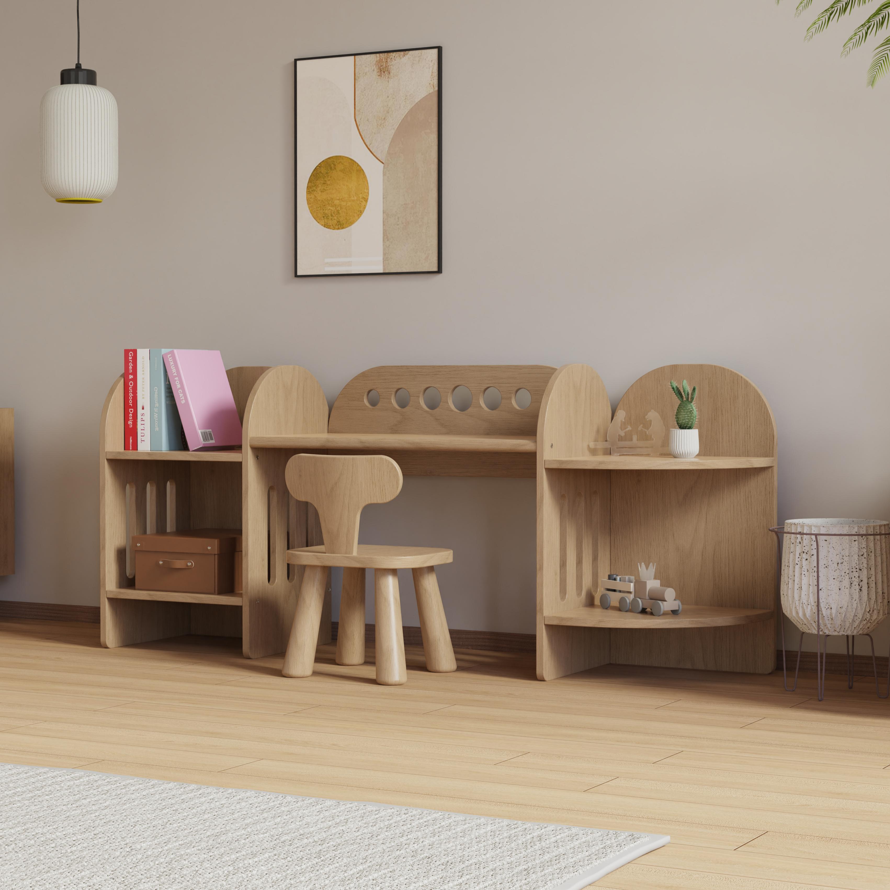 Nordic Solid Wood Kids Study Desk Set With Bookshelf Chair for Home School Playroom Space Saving