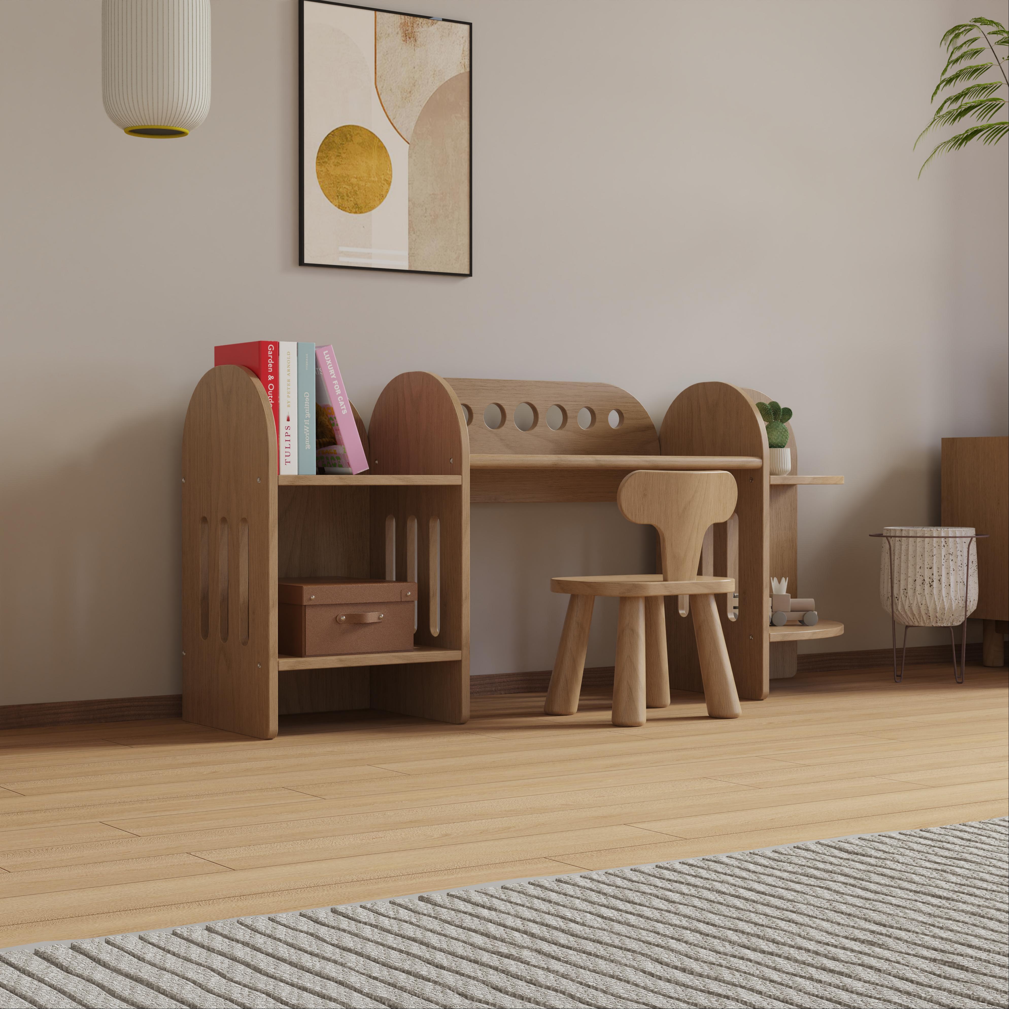 Nordic Solid Wood Kids Study Desk Set With Bookshelf Chair for Home School Playroom Space Saving