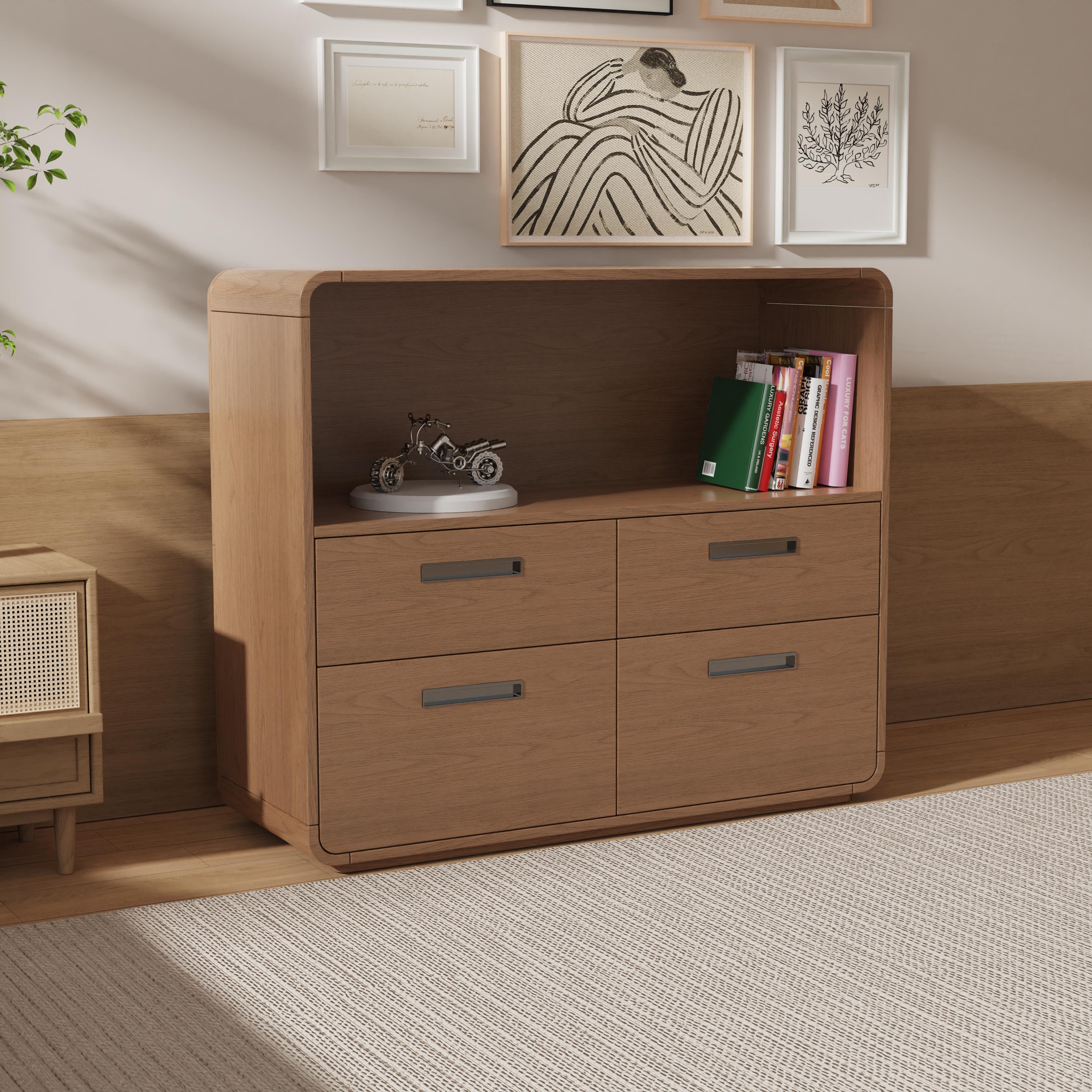Modern Minimalist Wooden Storage Cabinet With Open Shelf and Four Drawers for Bedroom Living Room Ho