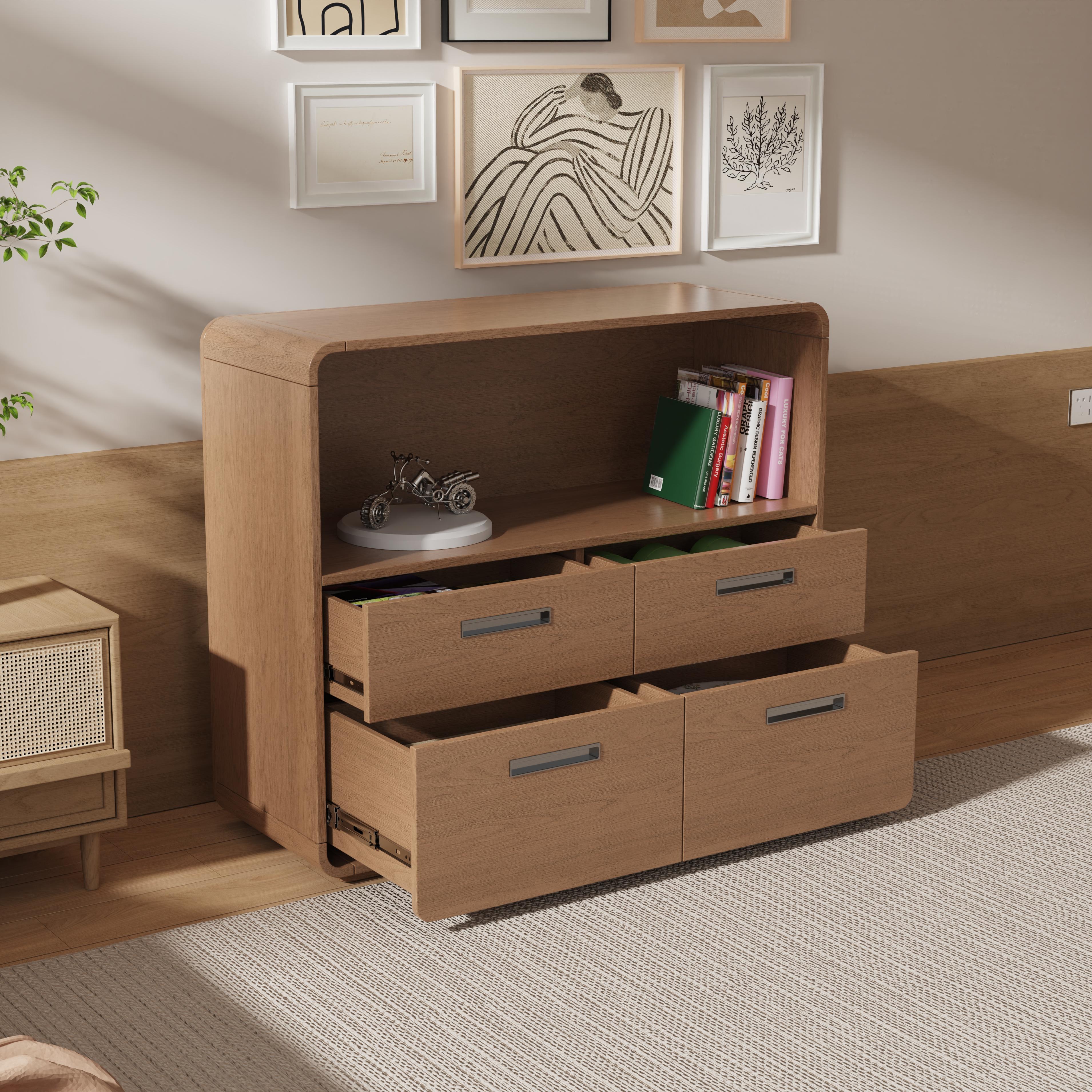 Modern Minimalist Wooden Storage Cabinet With Open Shelf and Four Drawers for Bedroom Living Room Ho