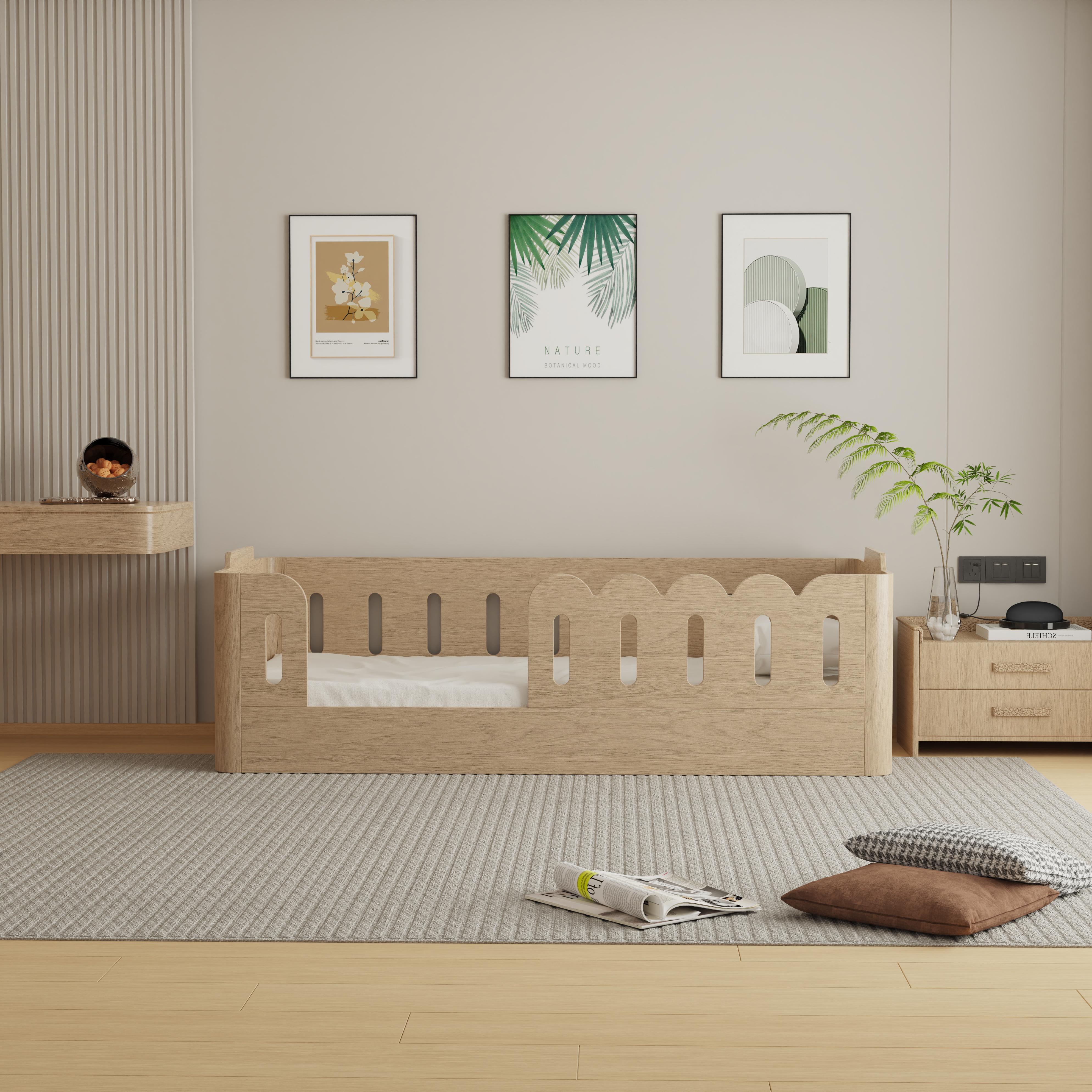 Modern Solid Wood Toddler Bed With Safety Guardrails Arched Design Kids Bedroom Natural Wood Finish 