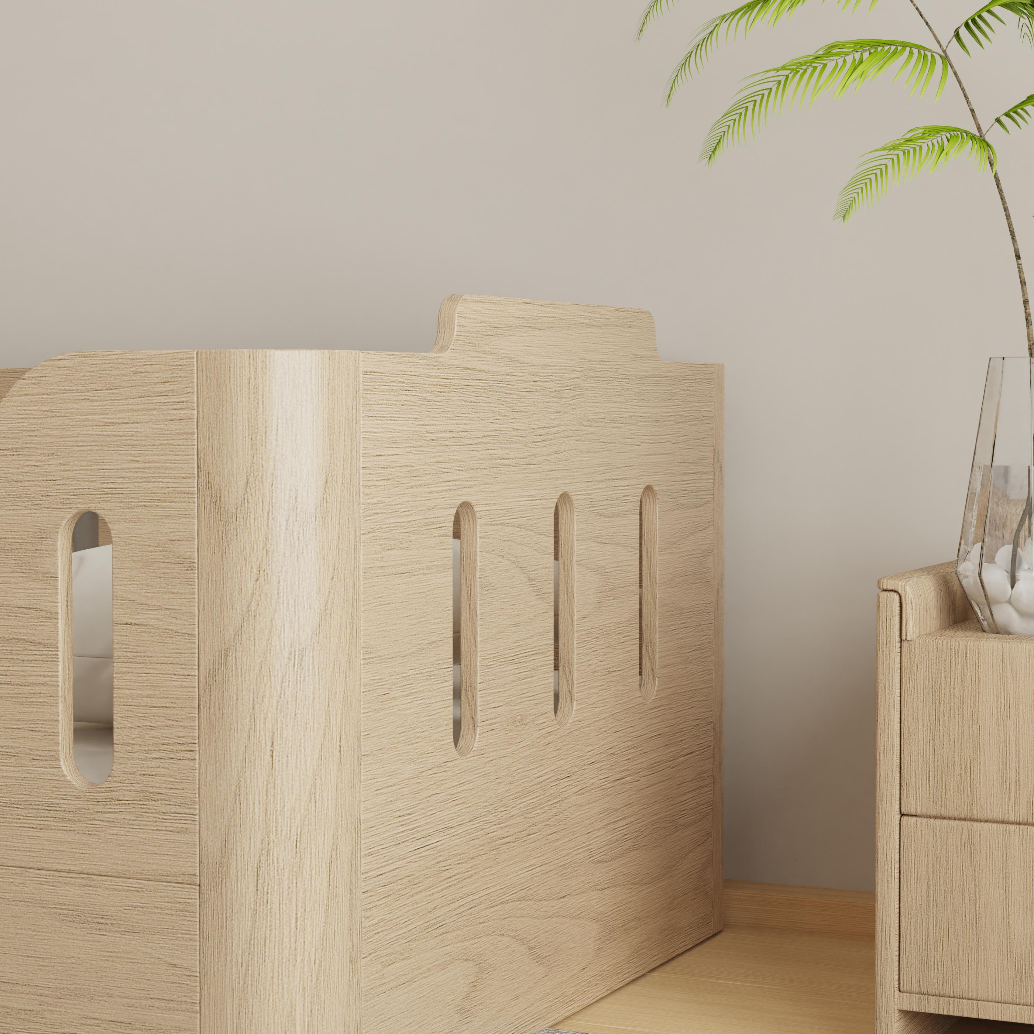 Modern Solid Wood Toddler Bed With Safety Guardrails Arched Design Kids Bedroom Natural Wood Finish 