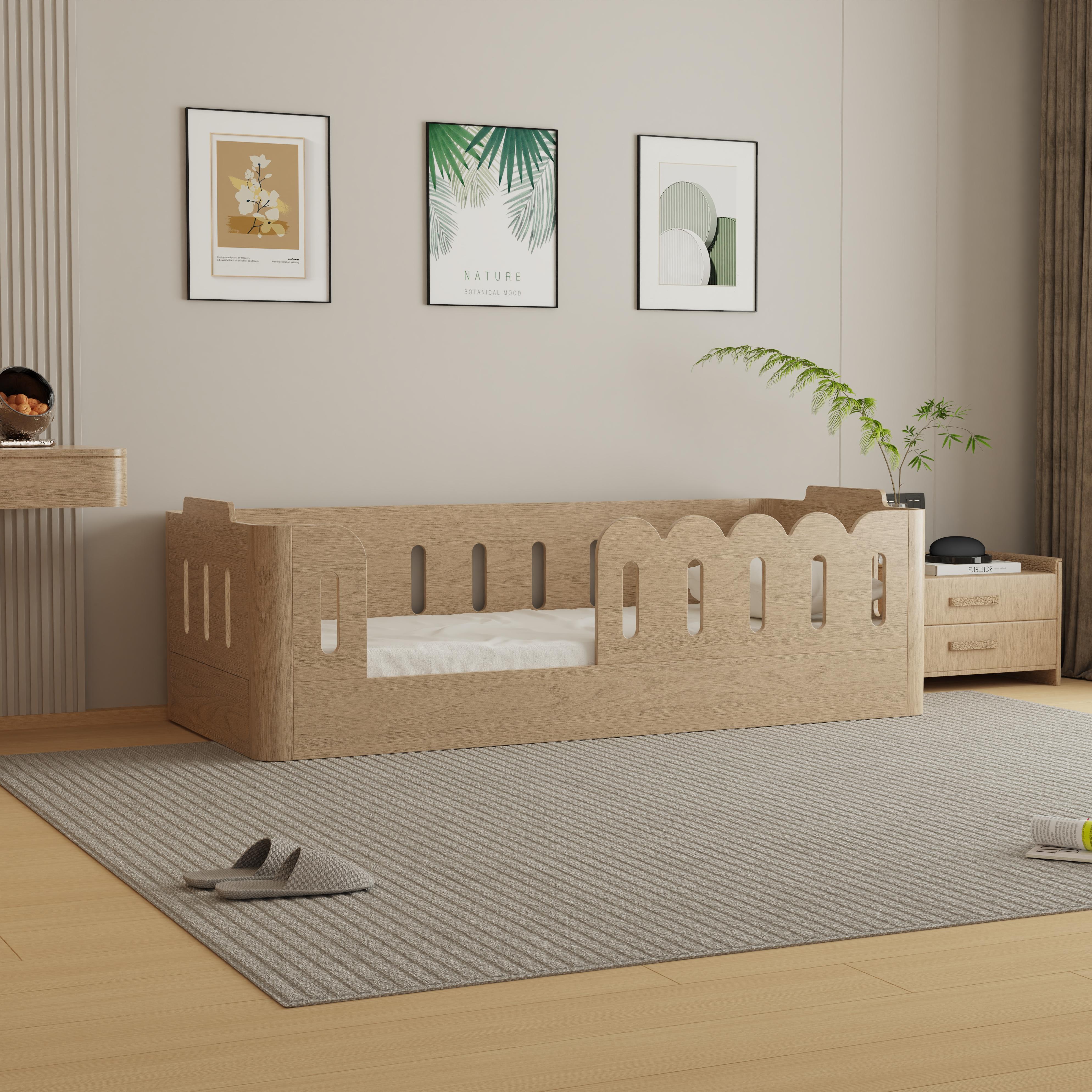 Modern Solid Wood Toddler Bed With Safety Guardrails Arched Design Kids Bedroom Natural Wood Finish 