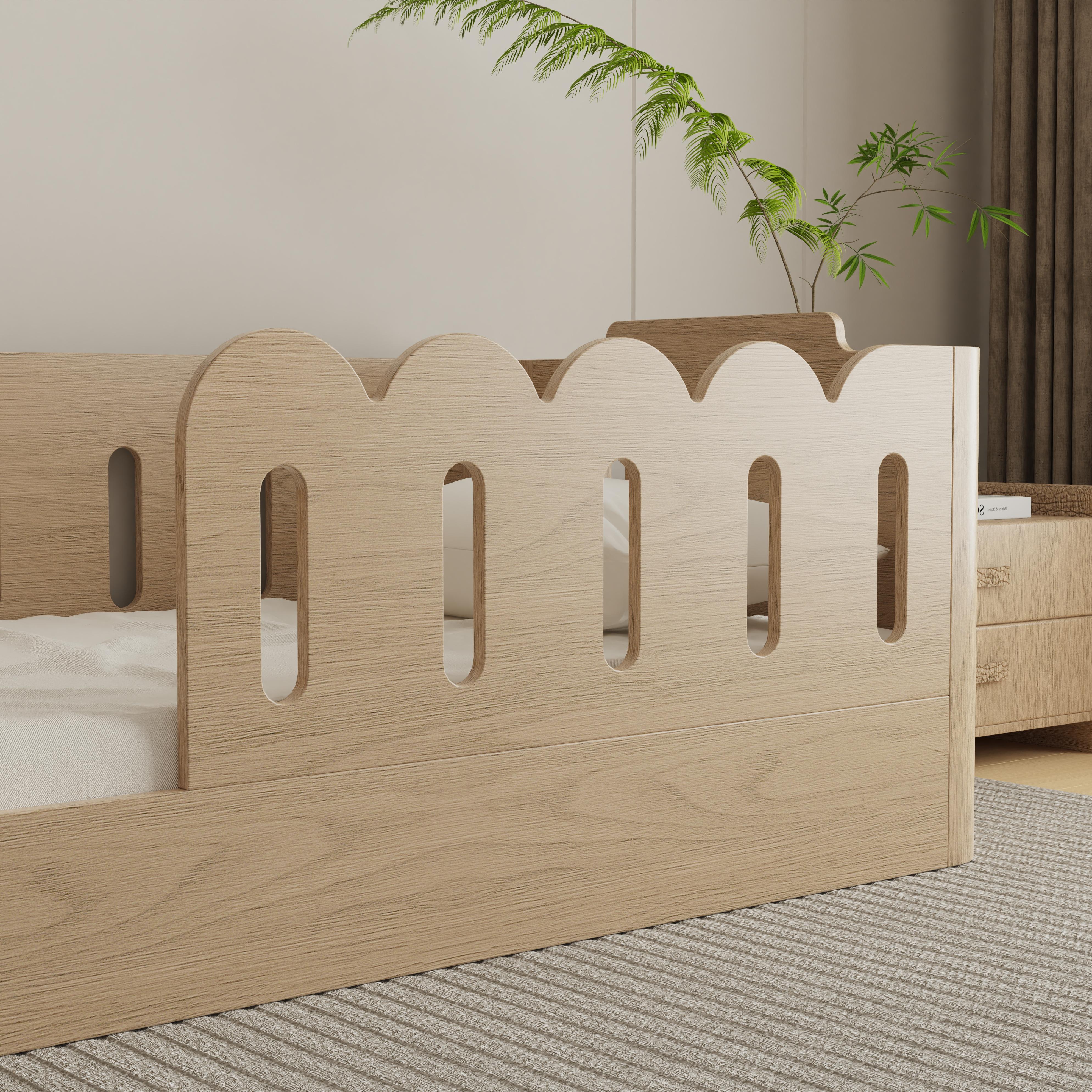 Modern Solid Wood Toddler Bed With Safety Guardrails Arched Design Kids Bedroom Natural Wood Finish 