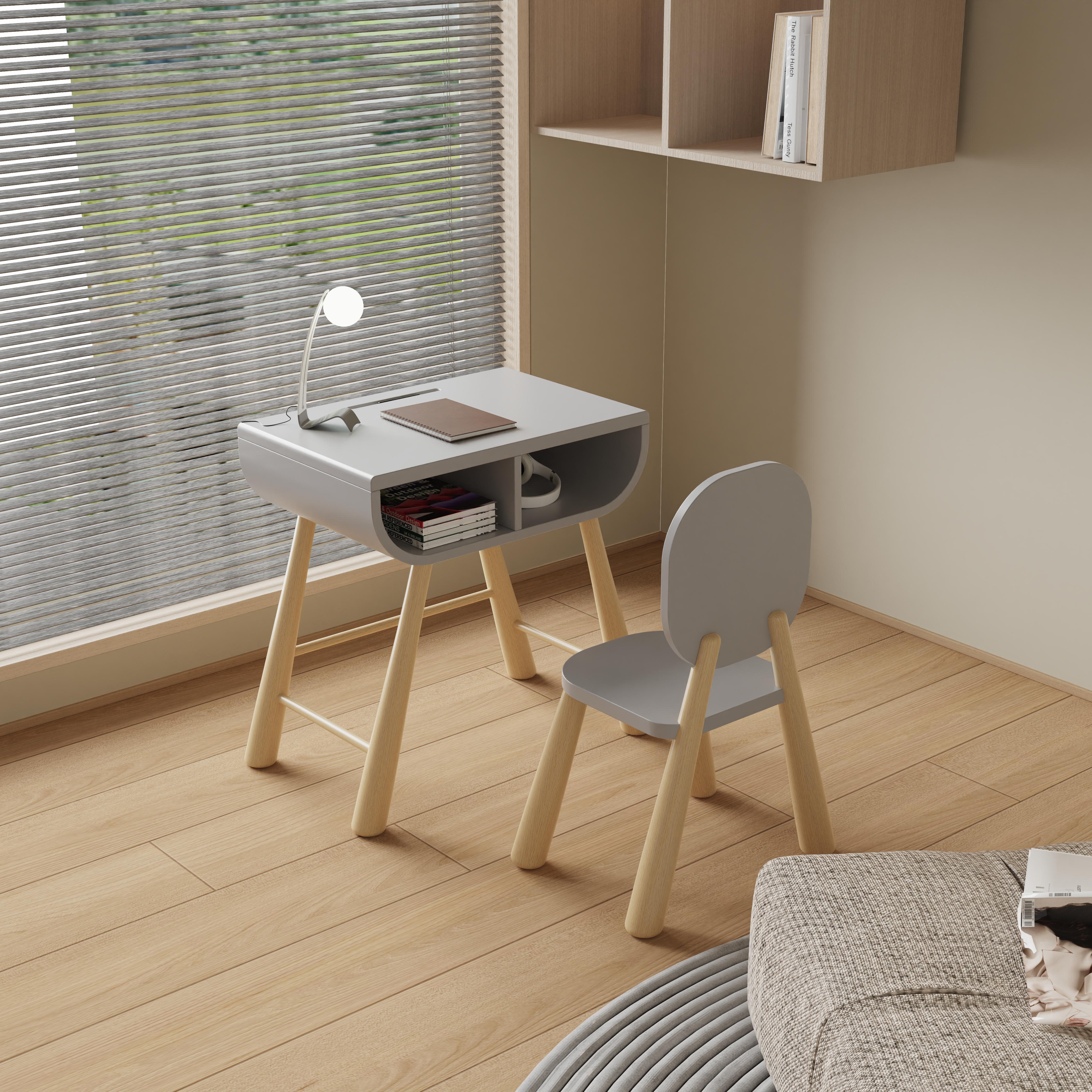 Modern Kids Desk And Chair Set With Storage Shelf For Home Study Playroom Children Furniture