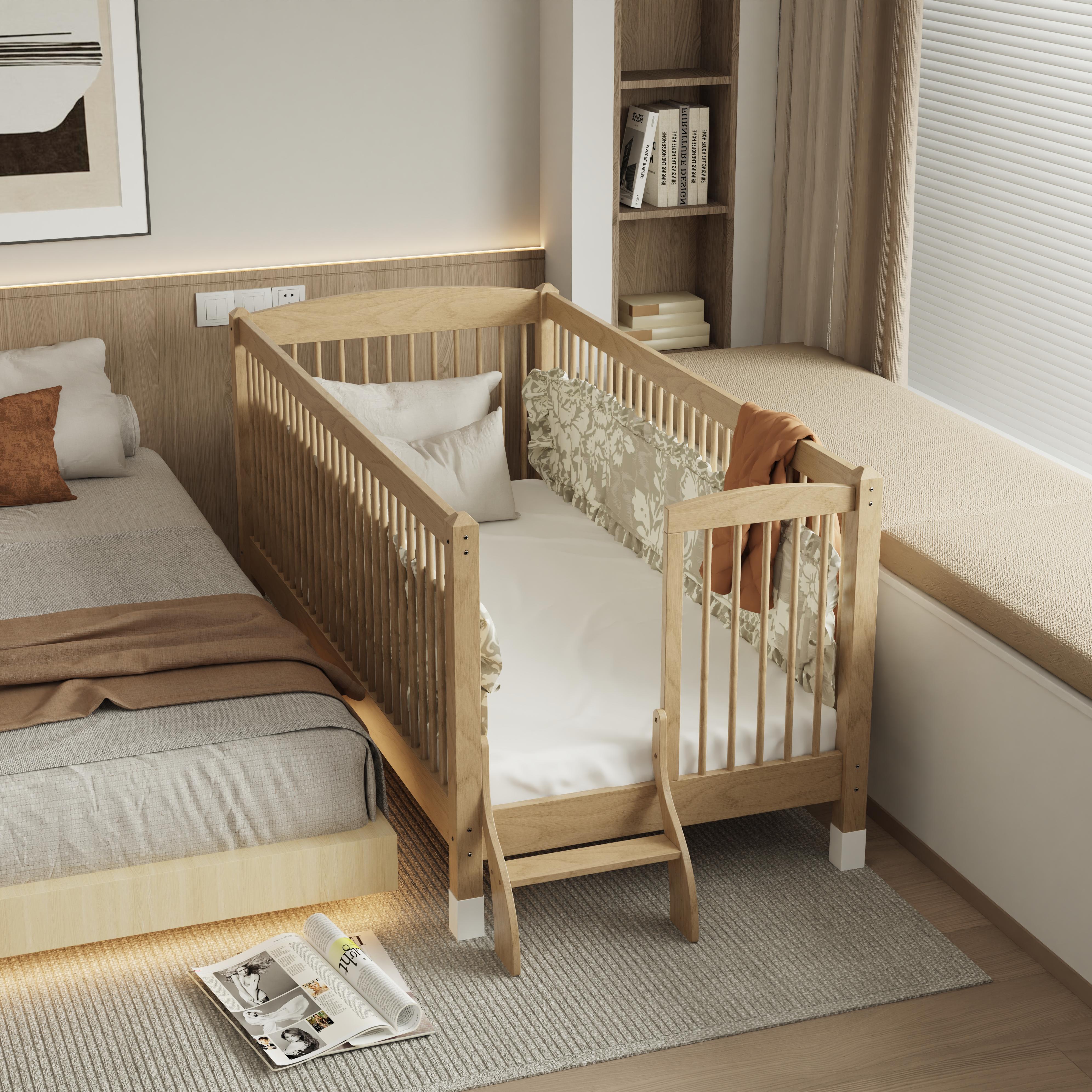 Modern Convertible Solid Wood Toddler Bed With Safety Rails Ladder Kids Bedroom Natural Oak Finish 