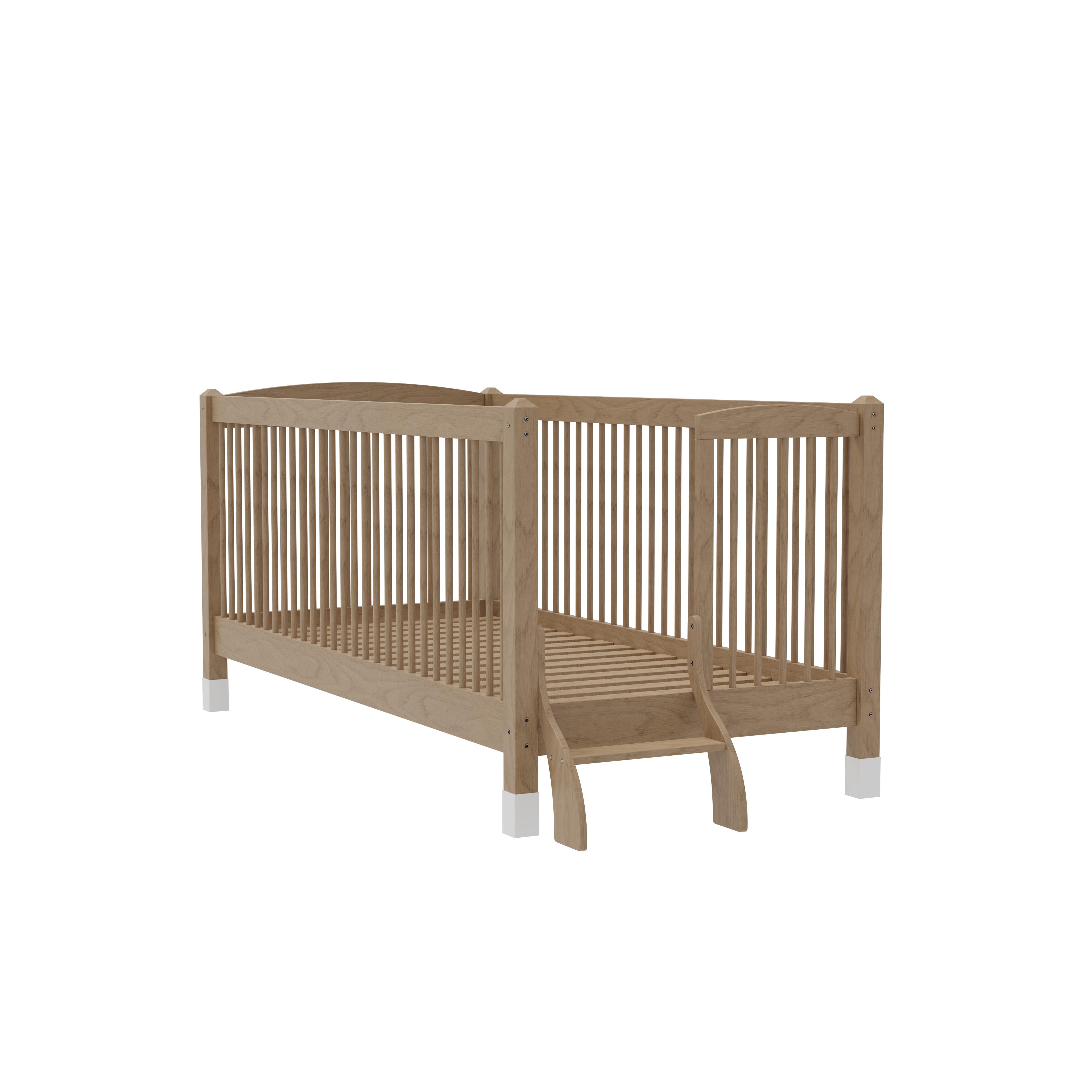 Modern Convertible Solid Wood Toddler Bed With Safety Rails Ladder Kids Bedroom Natural Oak Finish 