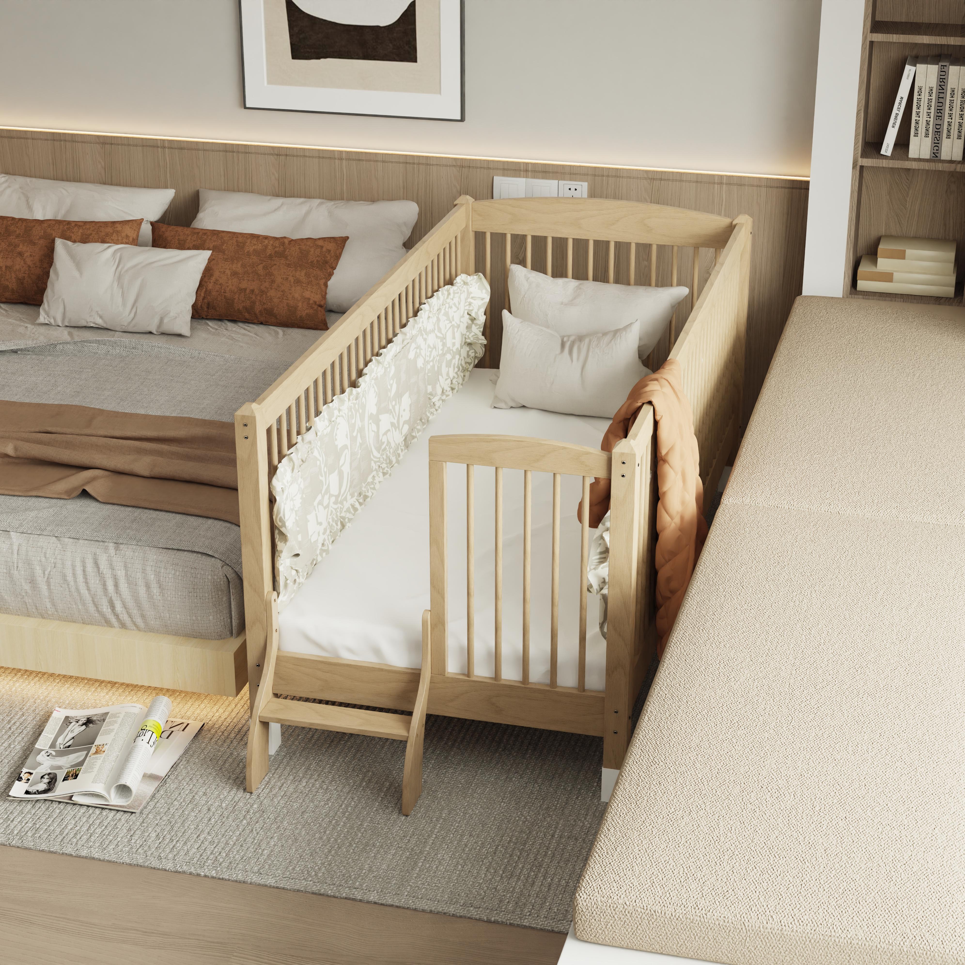 Modern Convertible Solid Wood Toddler Bed With Safety Rails Ladder Kids Bedroom Natural Oak Finish 
