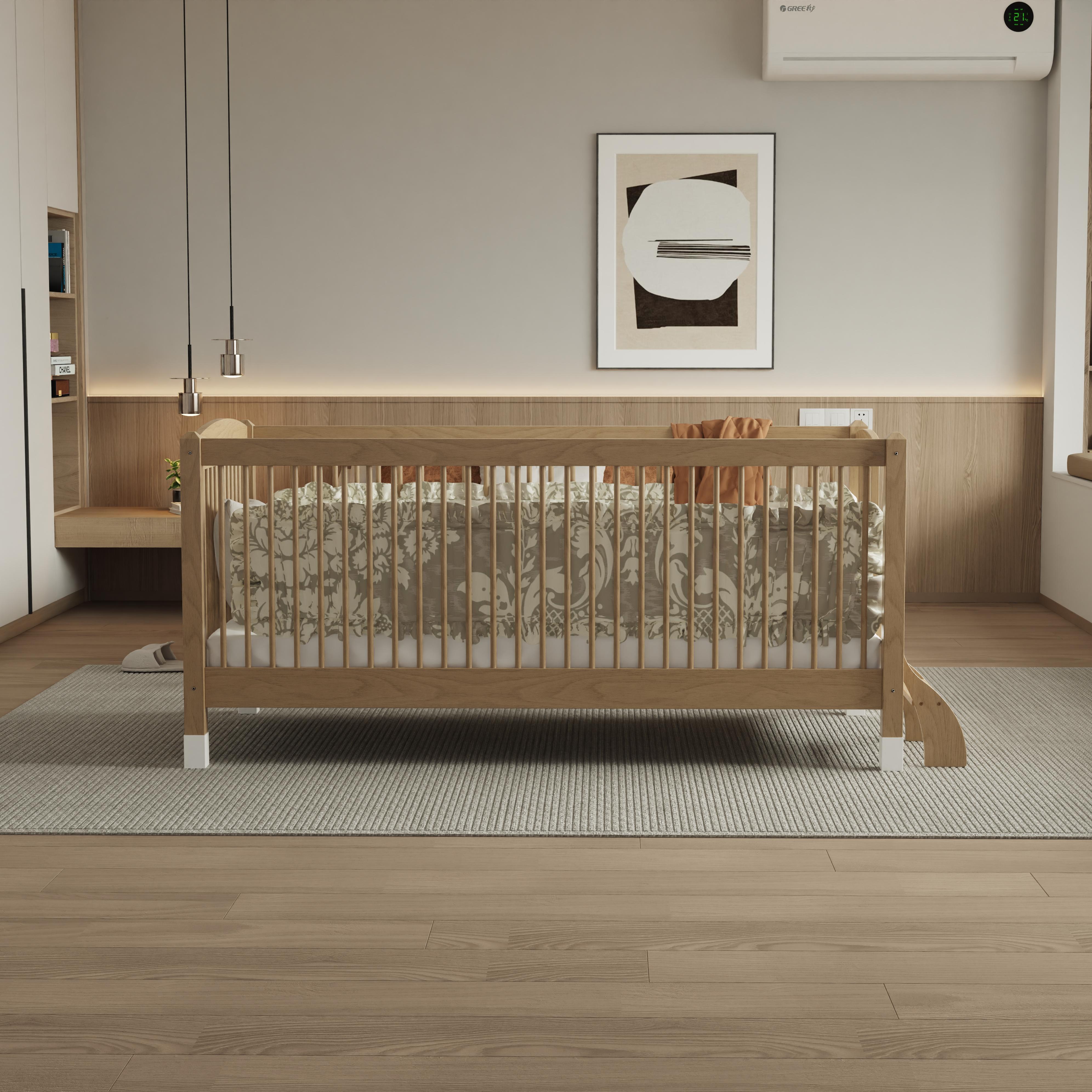 Modern Convertible Solid Wood Toddler Bed With Safety Rails Ladder Kids Bedroom Natural Oak Finish 