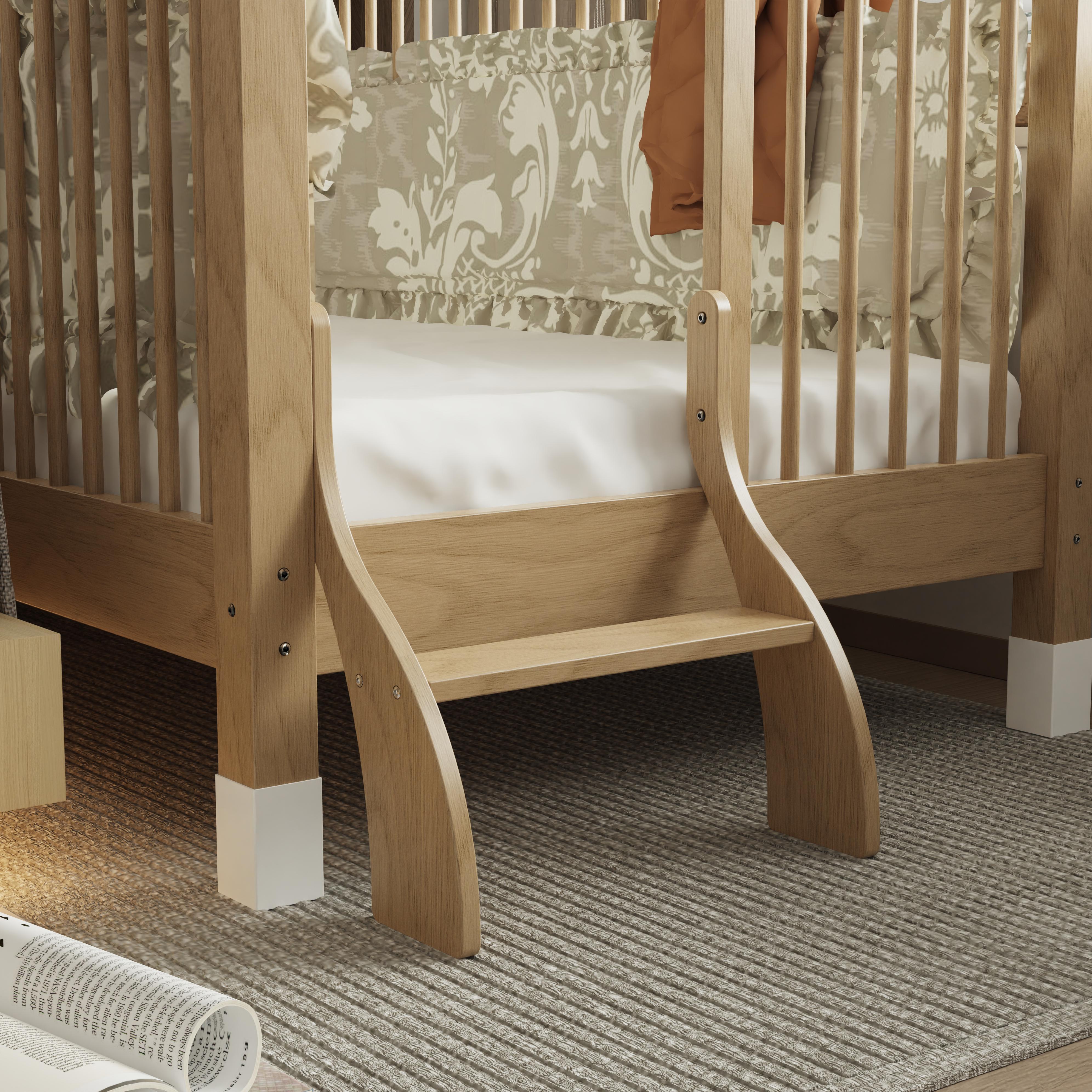 Modern Convertible Solid Wood Toddler Bed With Safety Rails Ladder Kids Bedroom Natural Oak Finish 