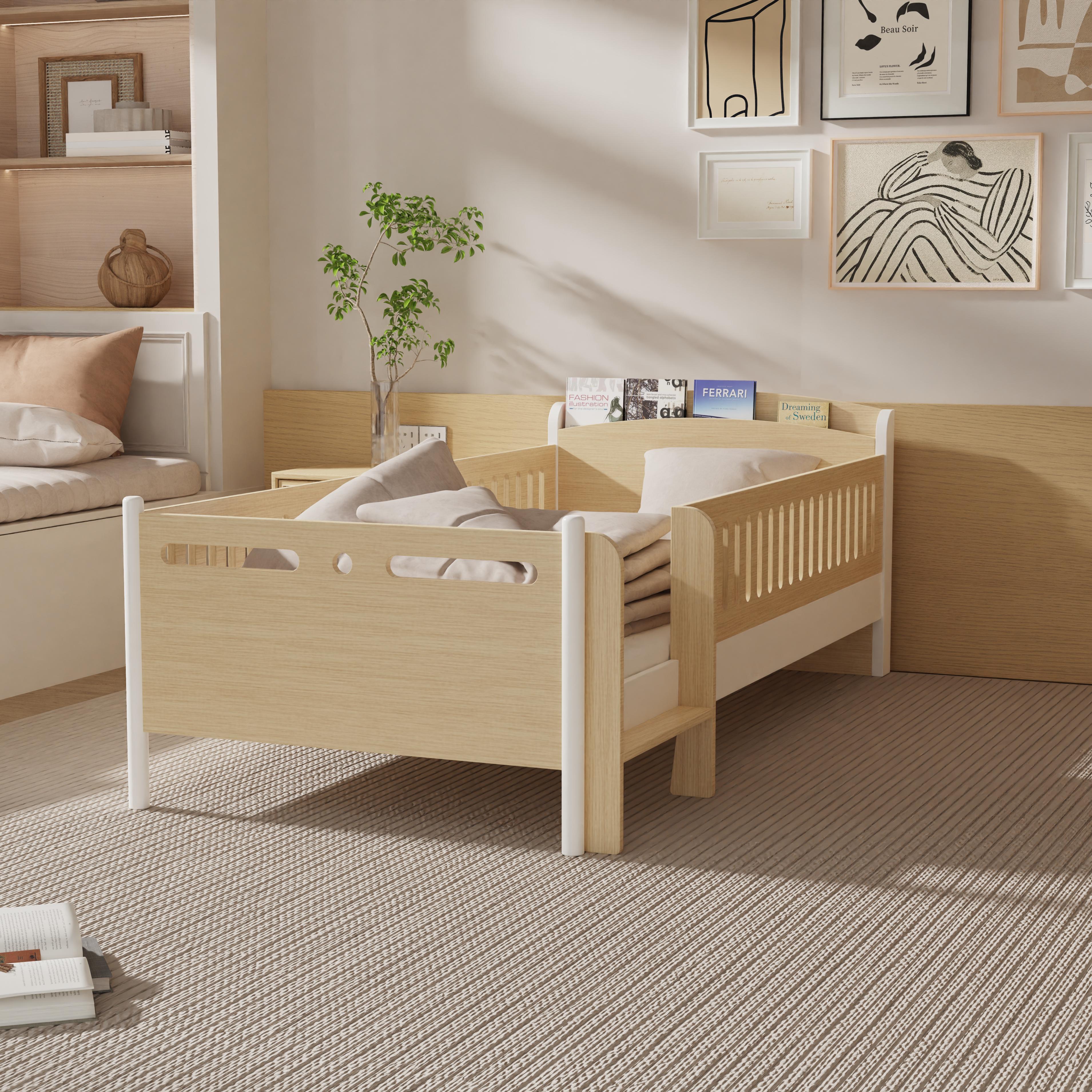 Modern Wooden Toddler Bed With Safety Rails Book Storage Kids Bedroom Smooth Edges Eco Children Furn