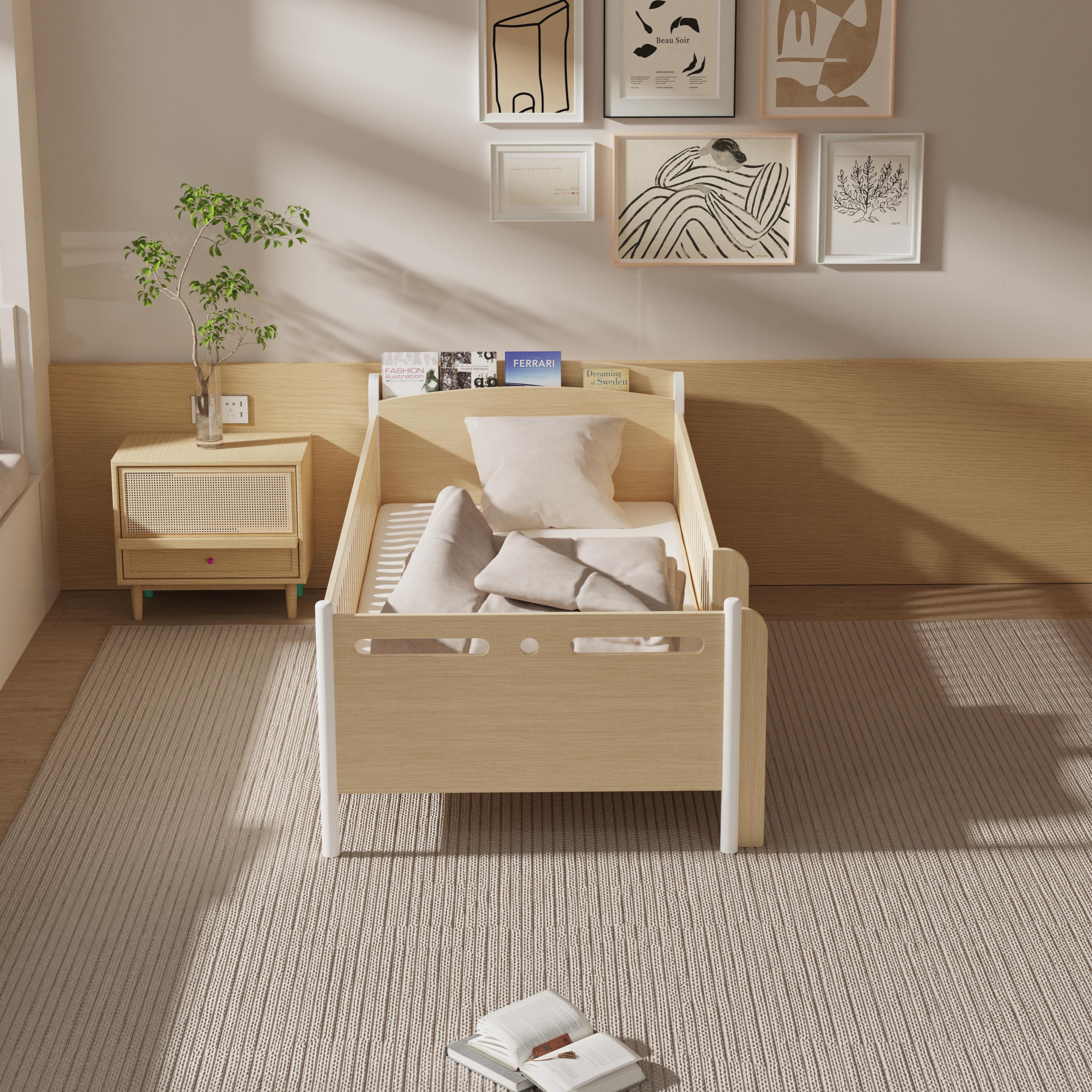 Modern Wooden Toddler Bed With Safety Rails Book Storage Kids Bedroom Smooth Edges Eco Children Furn