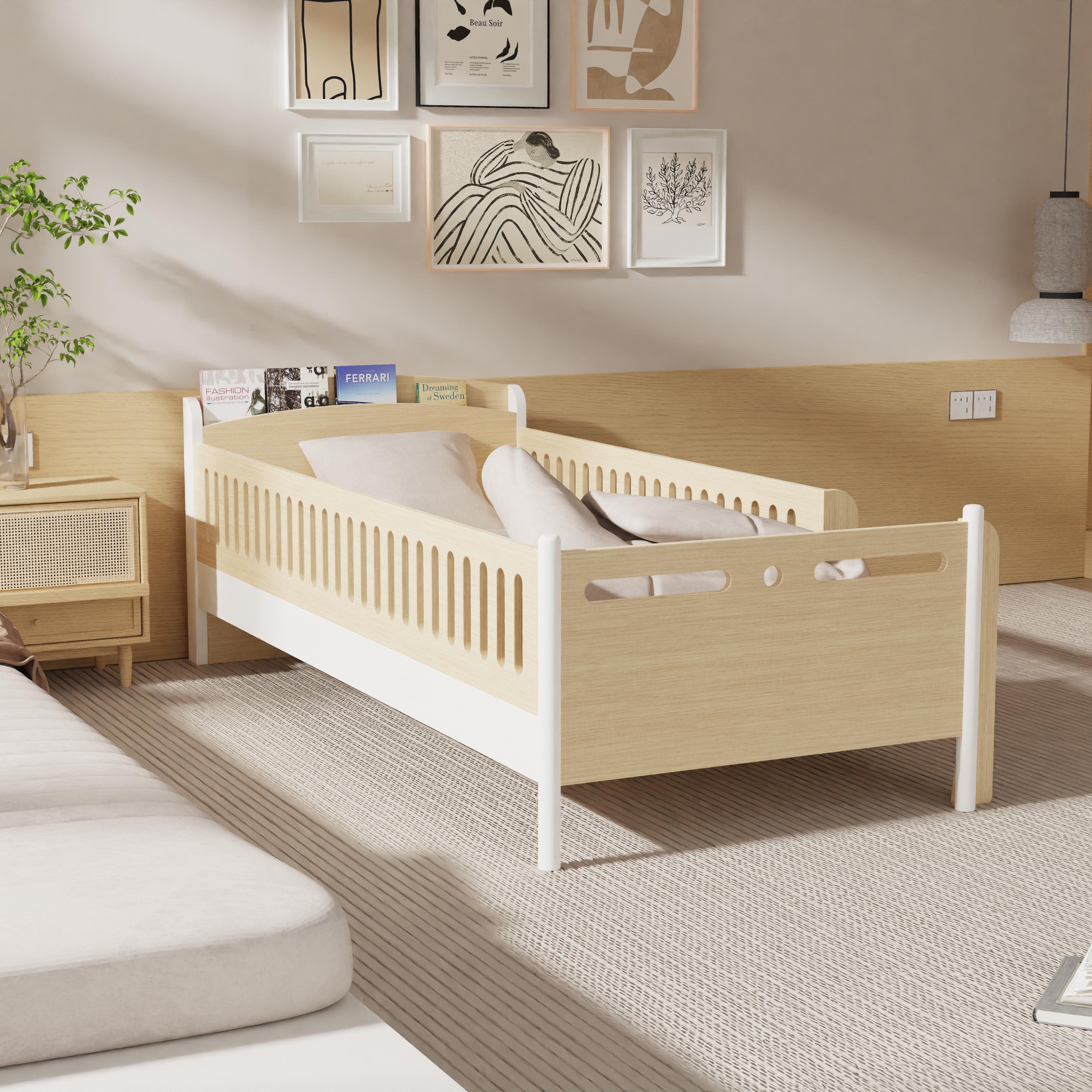 Modern Wooden Toddler Bed With Safety Rails Book Storage Kids Bedroom Smooth Edges Eco Children Furn