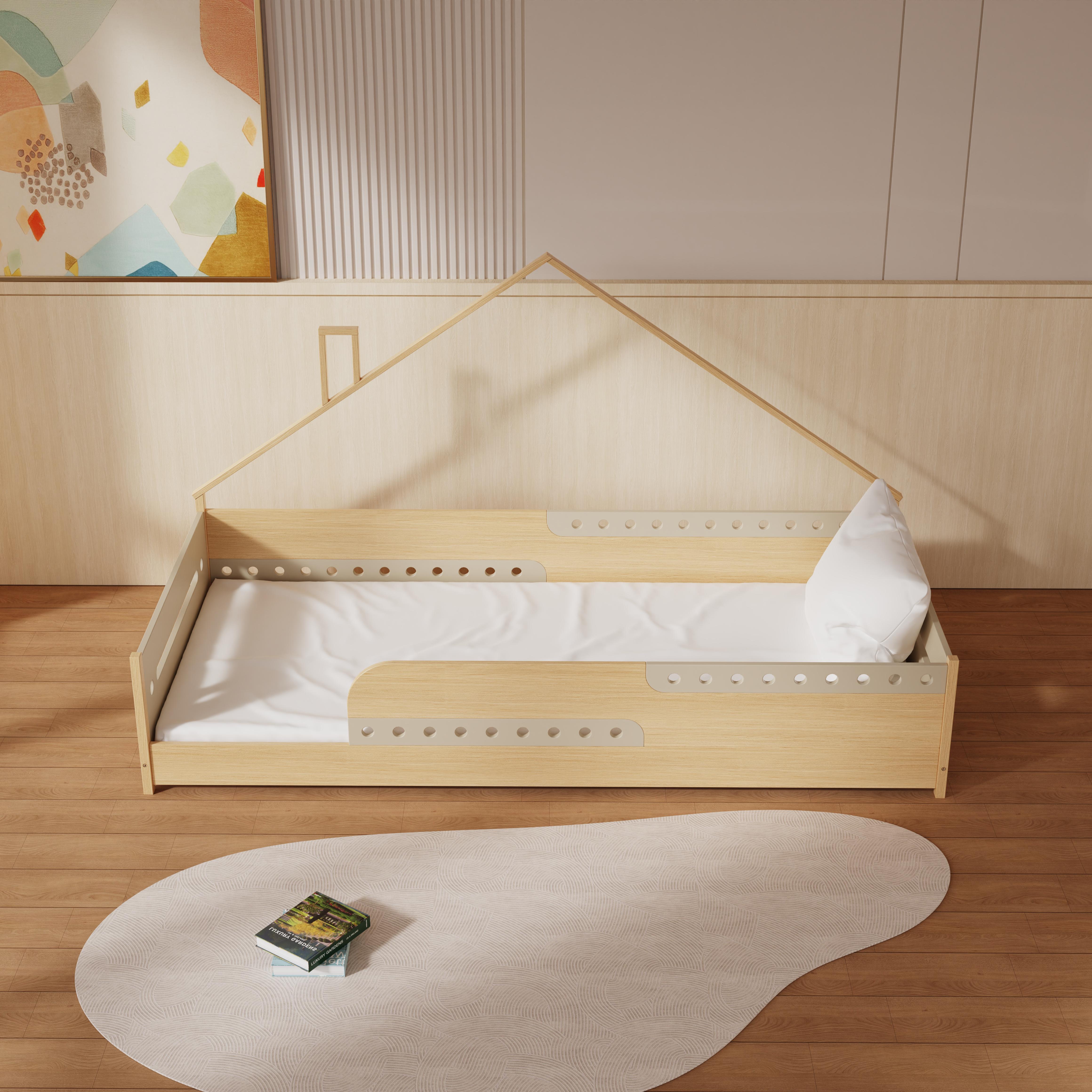 Creative House Shaped Wooden Toddler Bed With Safety Rails Rounded Edges Kids Bedroom Natural Wood 