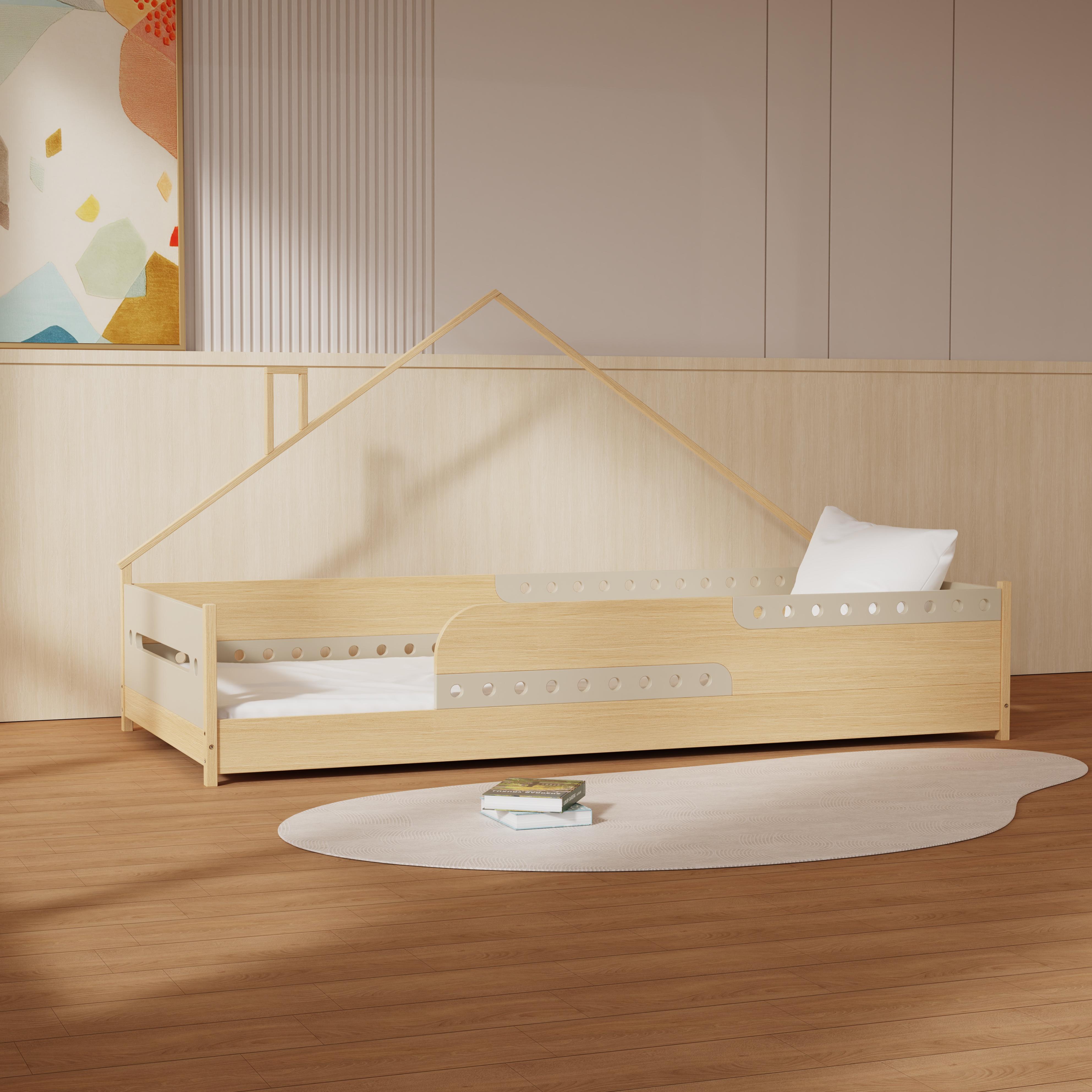 Creative House Shaped Wooden Toddler Bed With Safety Rails Rounded Edges Kids Bedroom Natural Wood 