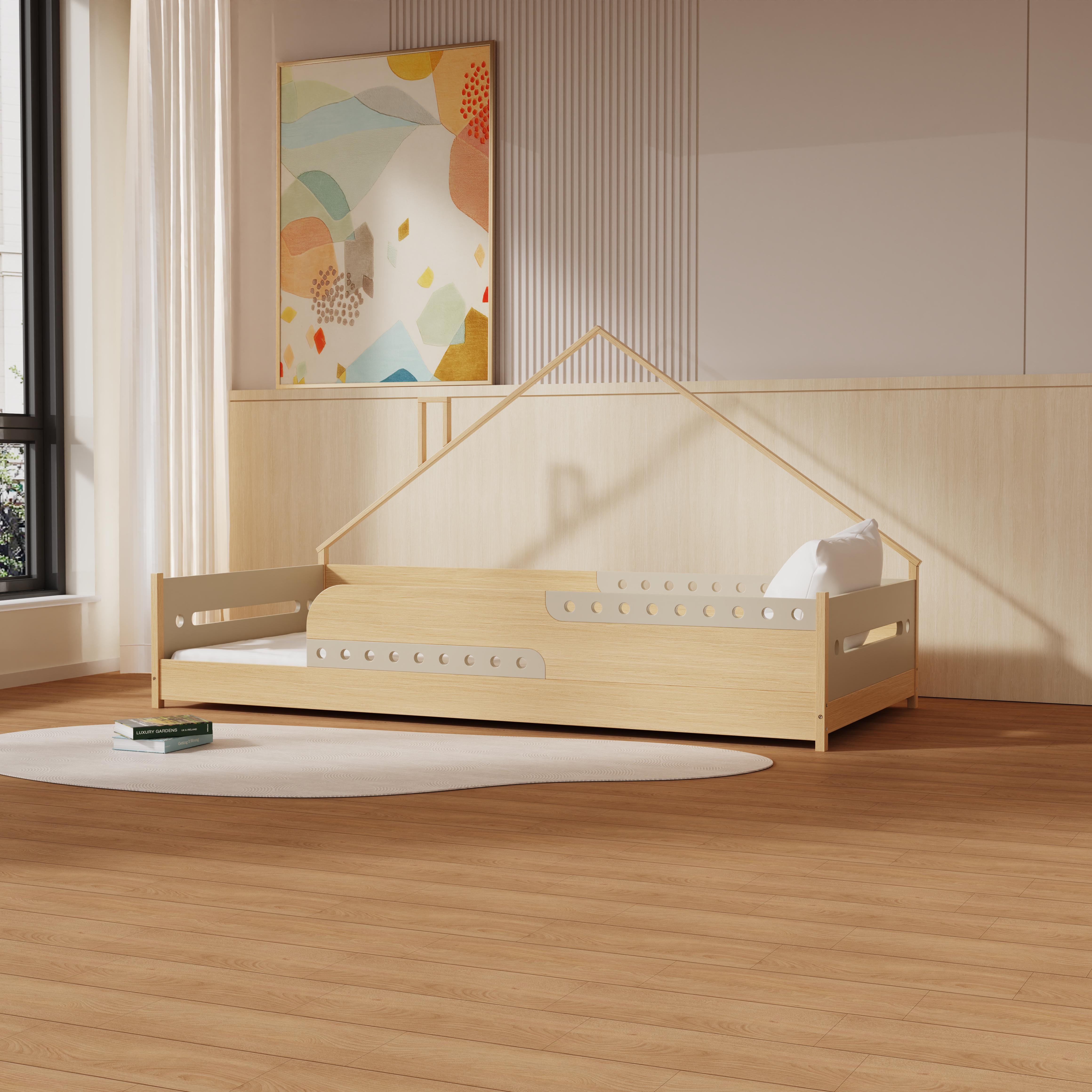 Creative House Shaped Wooden Toddler Bed With Safety Rails Rounded Edges Kids Bedroom Natural Wood 