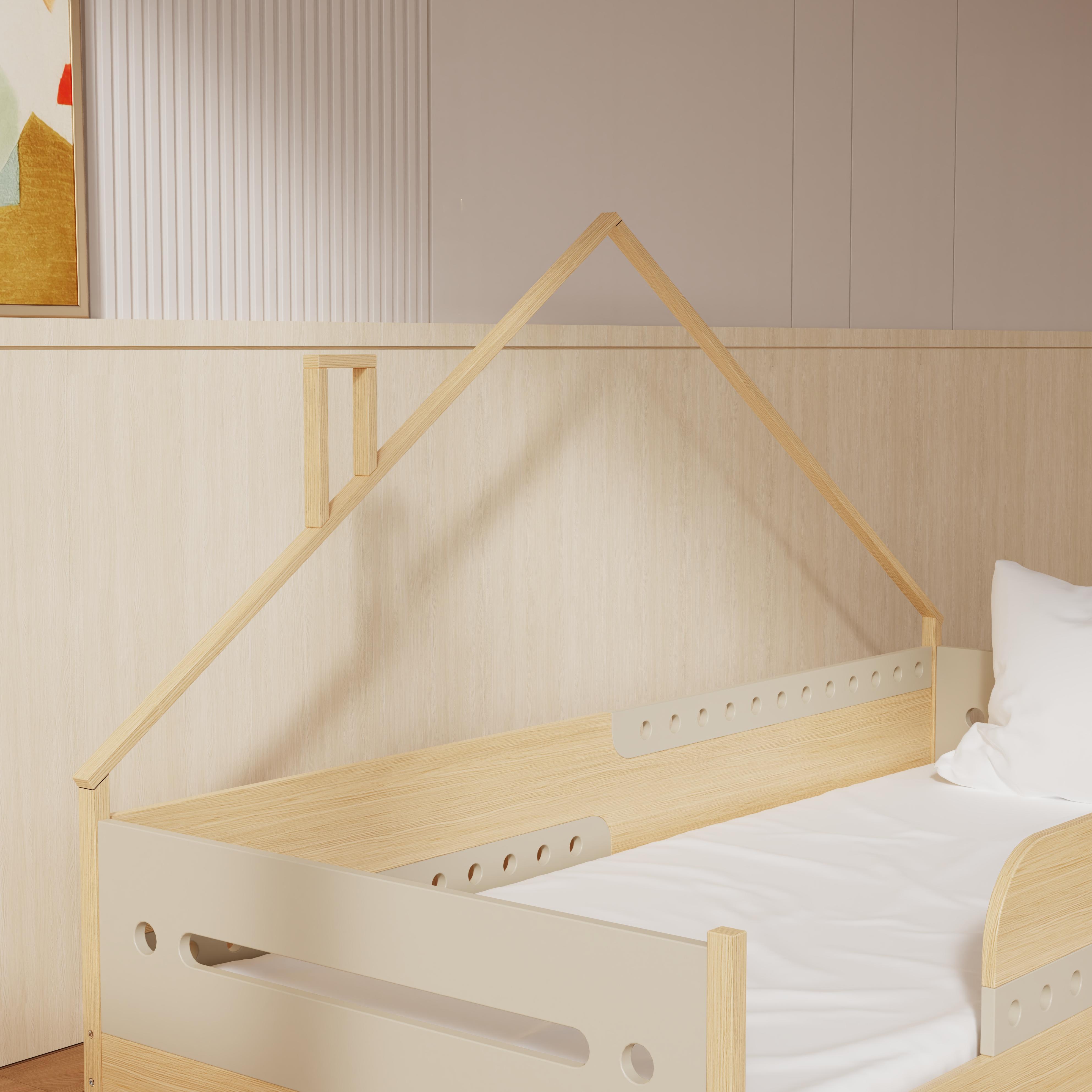 Creative House Shaped Wooden Toddler Bed With Safety Rails Rounded Edges Kids Bedroom Natural Wood 