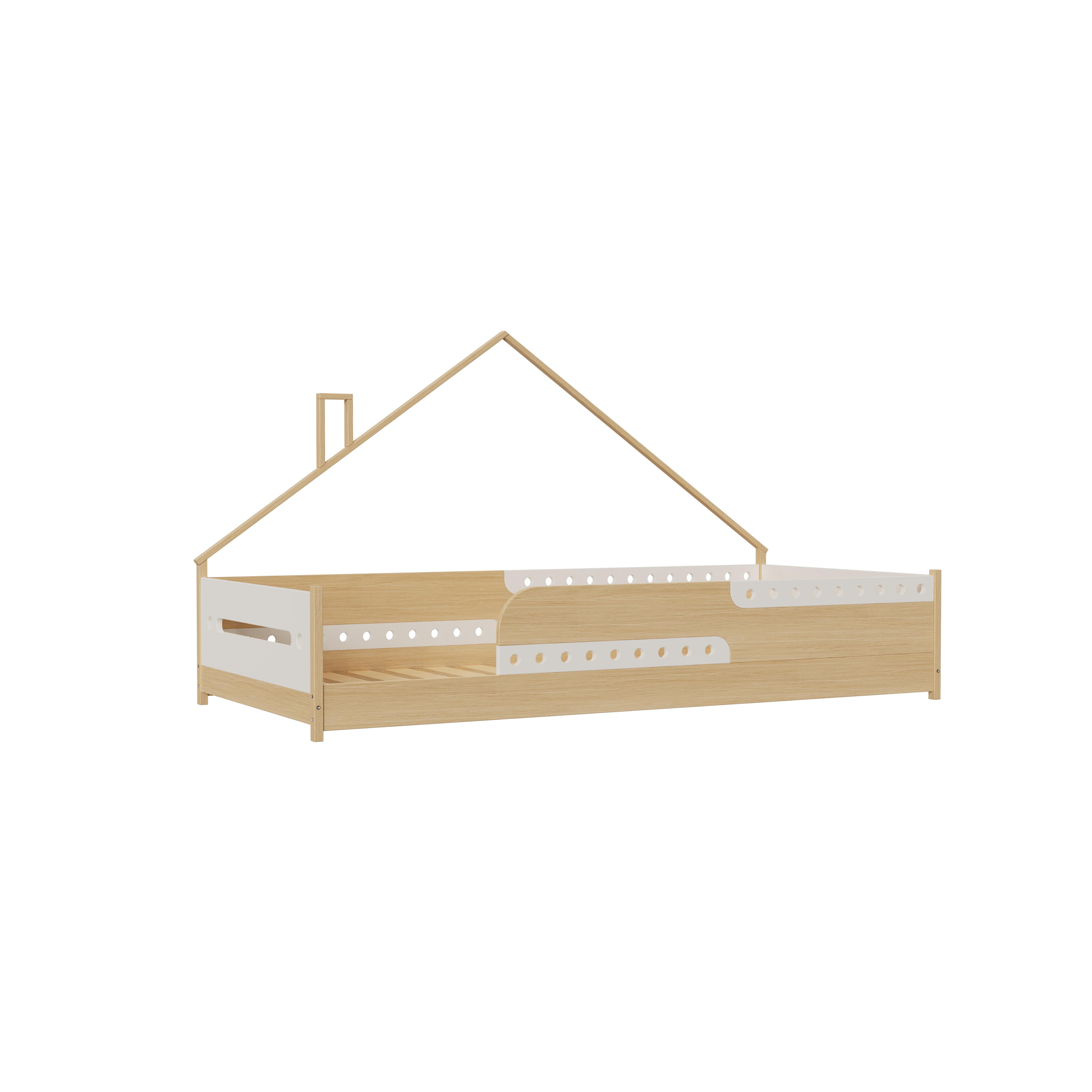 Creative House Shaped Wooden Toddler Bed With Safety Rails Rounded Edges Kids Bedroom Natural Wood 