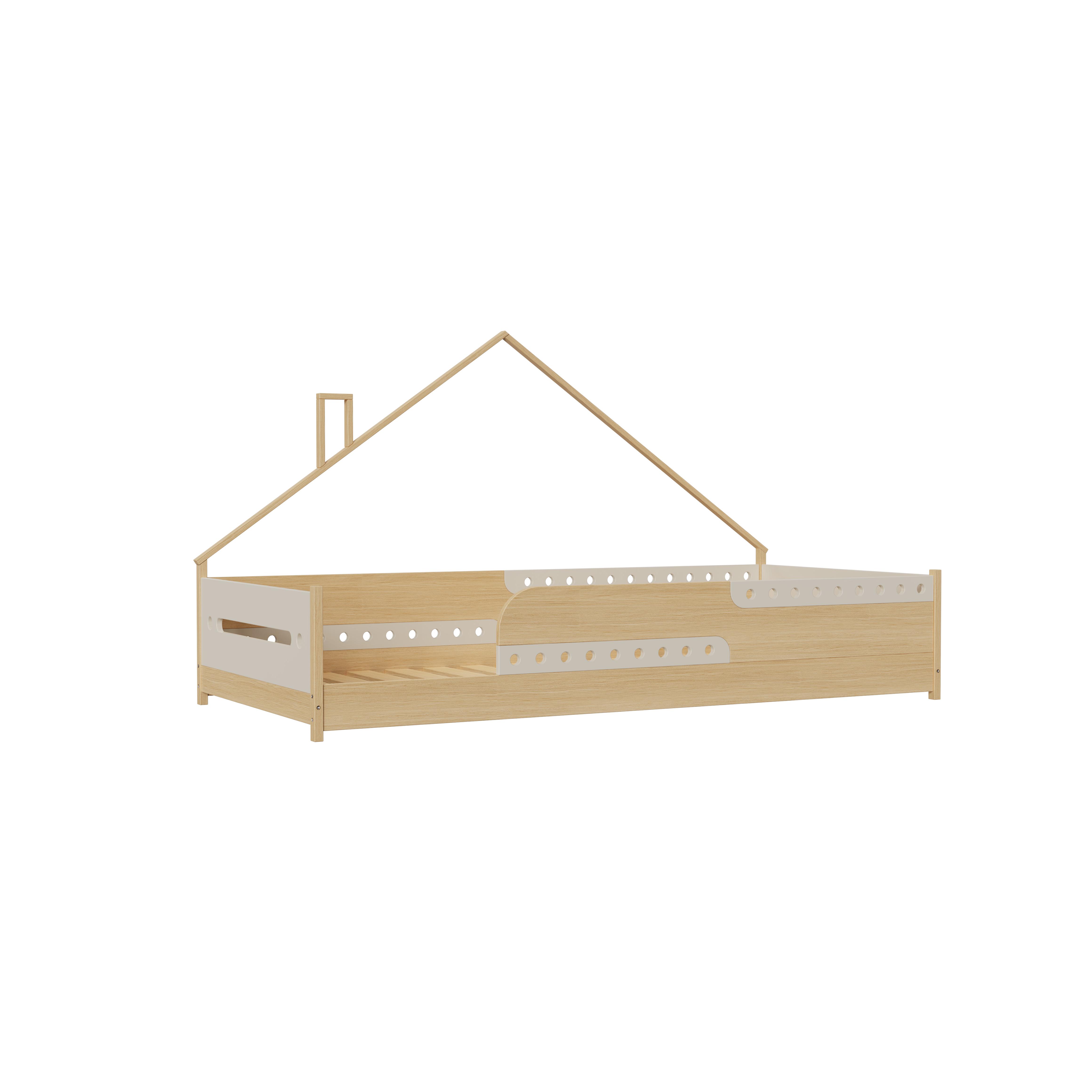Creative House Shaped Wooden Toddler Bed With Safety Rails Rounded Edges Kids Bedroom Natural Wood 