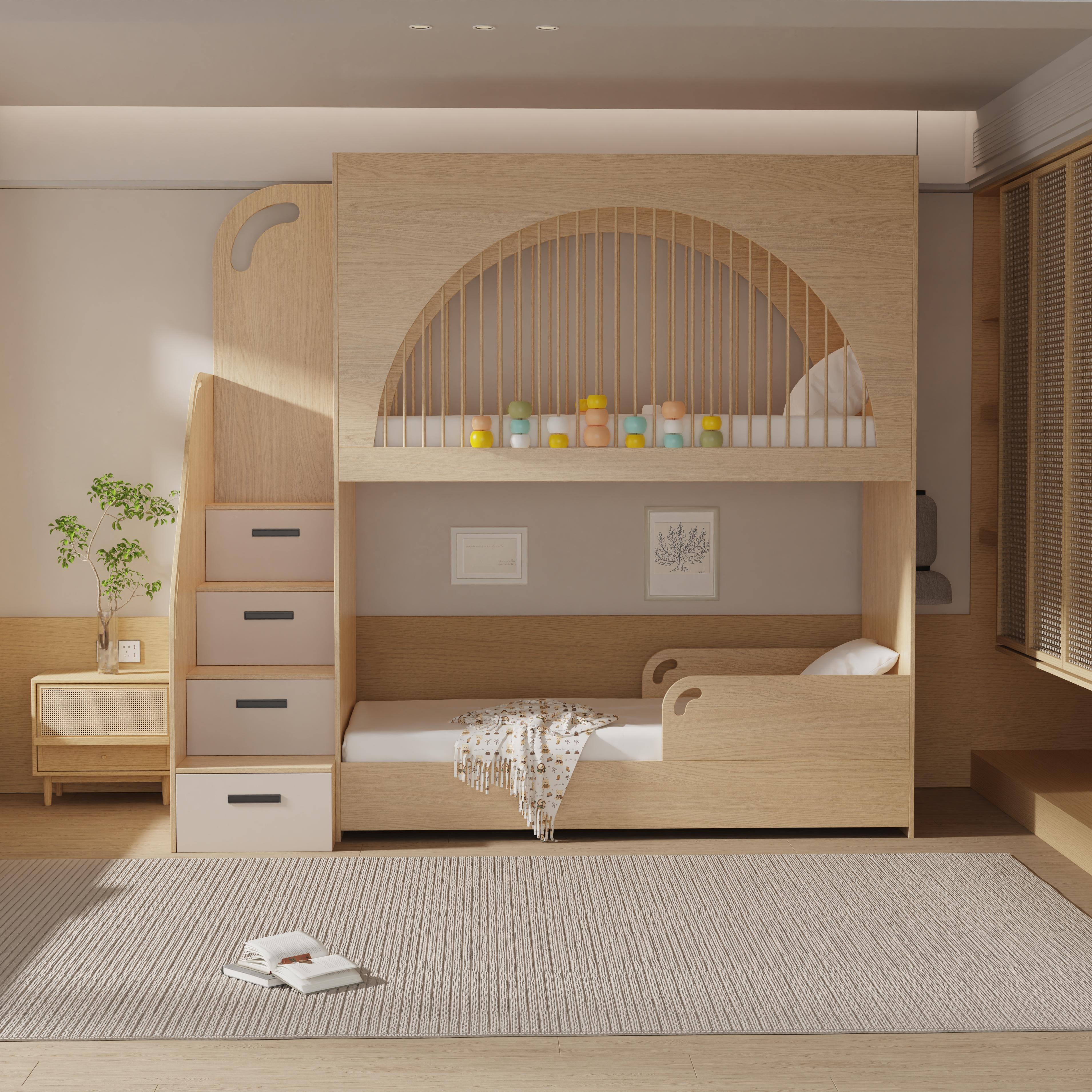 Modern Solid Wood Bunk Bed with Stairs and Drawers, Eco-Friendly Children's Furniture