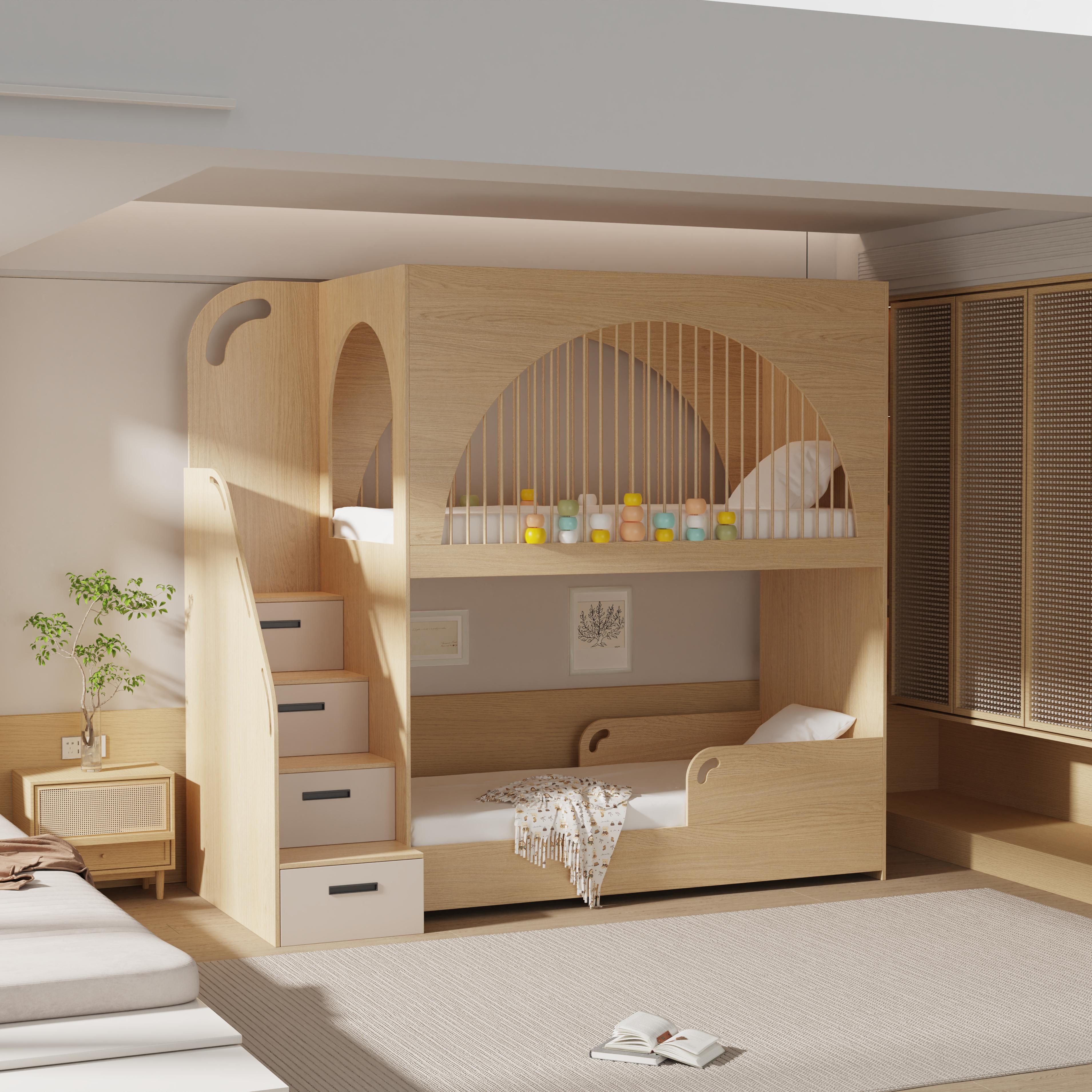 Modern Solid Wood Bunk Bed with Stairs and Drawers, Eco-Friendly Children's Furniture