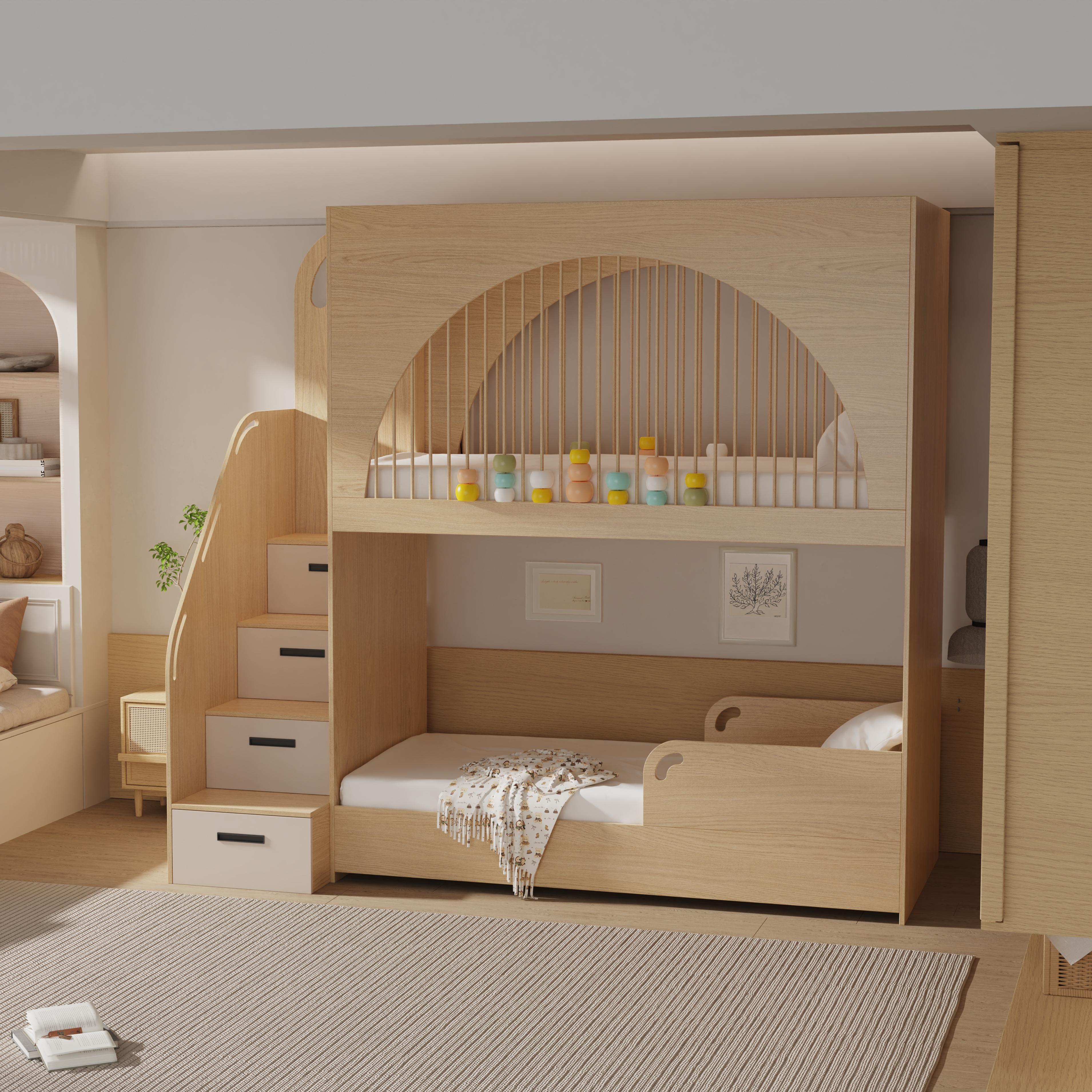Modern Solid Wood Bunk Bed with Stairs and Drawers, Eco-Friendly Children's Furniture