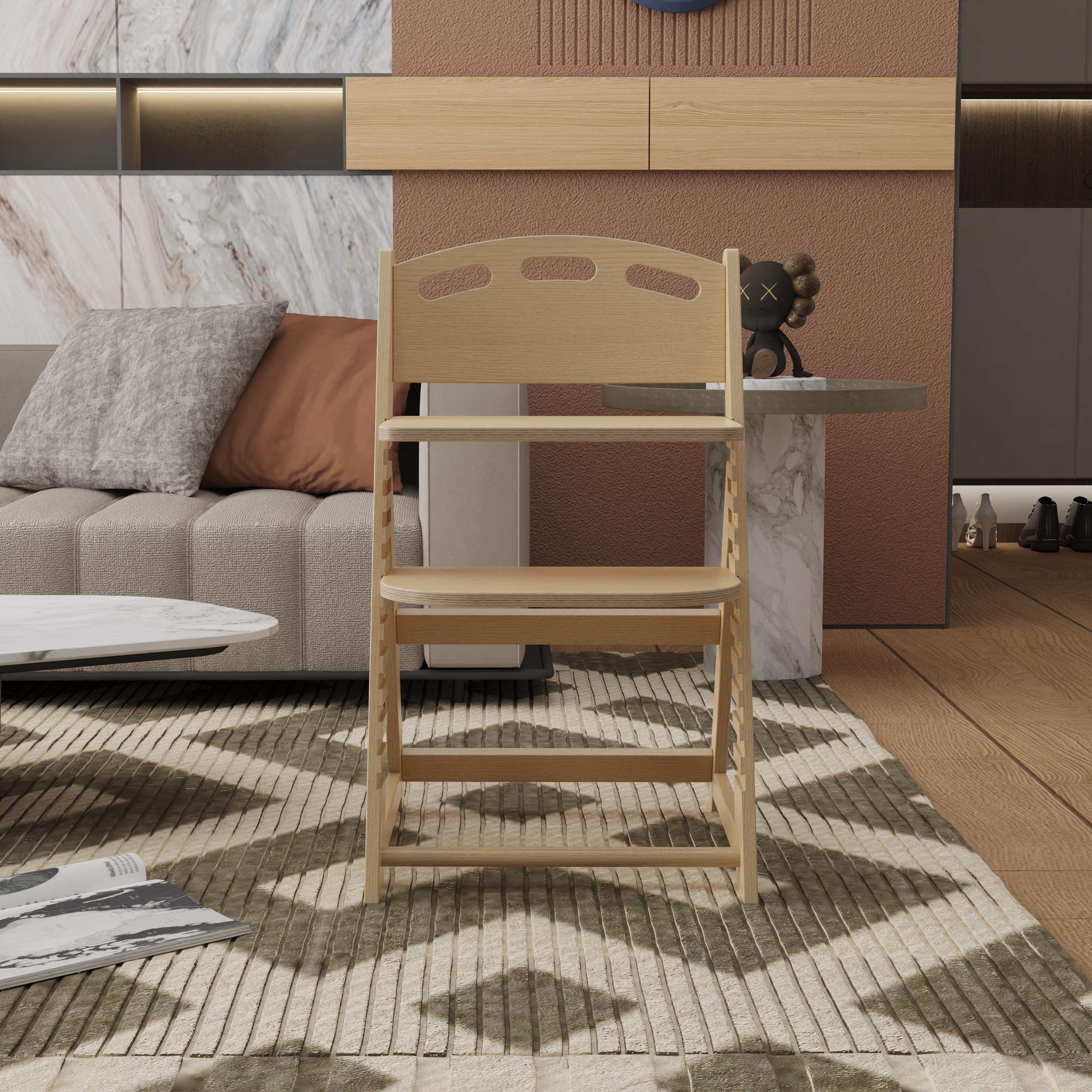 Natural Wood High Chair, Height Adjustable, Safe for Toddlers, Eco-Friendly Solid Wood Furniture