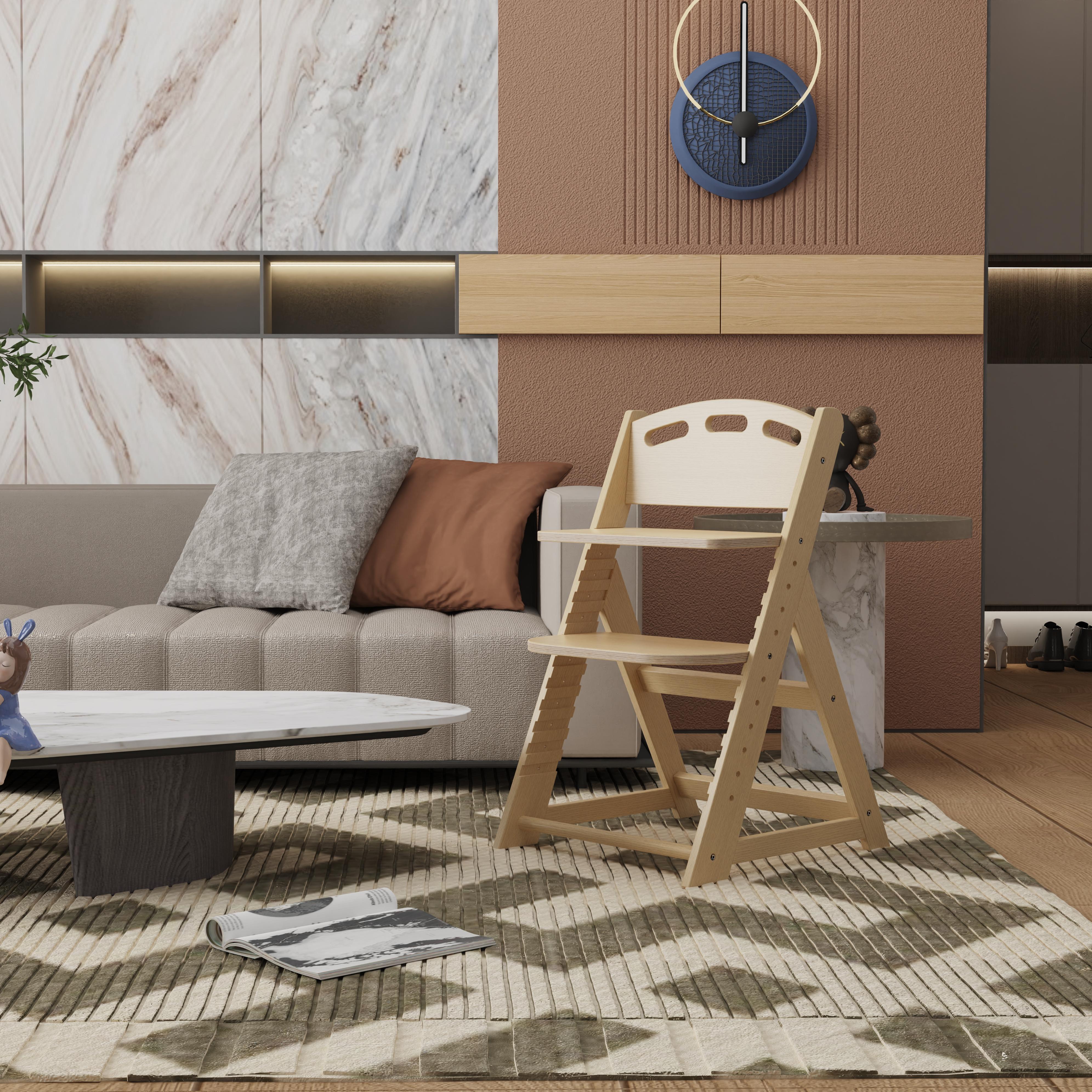 Natural Wood High Chair, Height Adjustable, Safe for Toddlers, Eco-Friendly Solid Wood Furniture