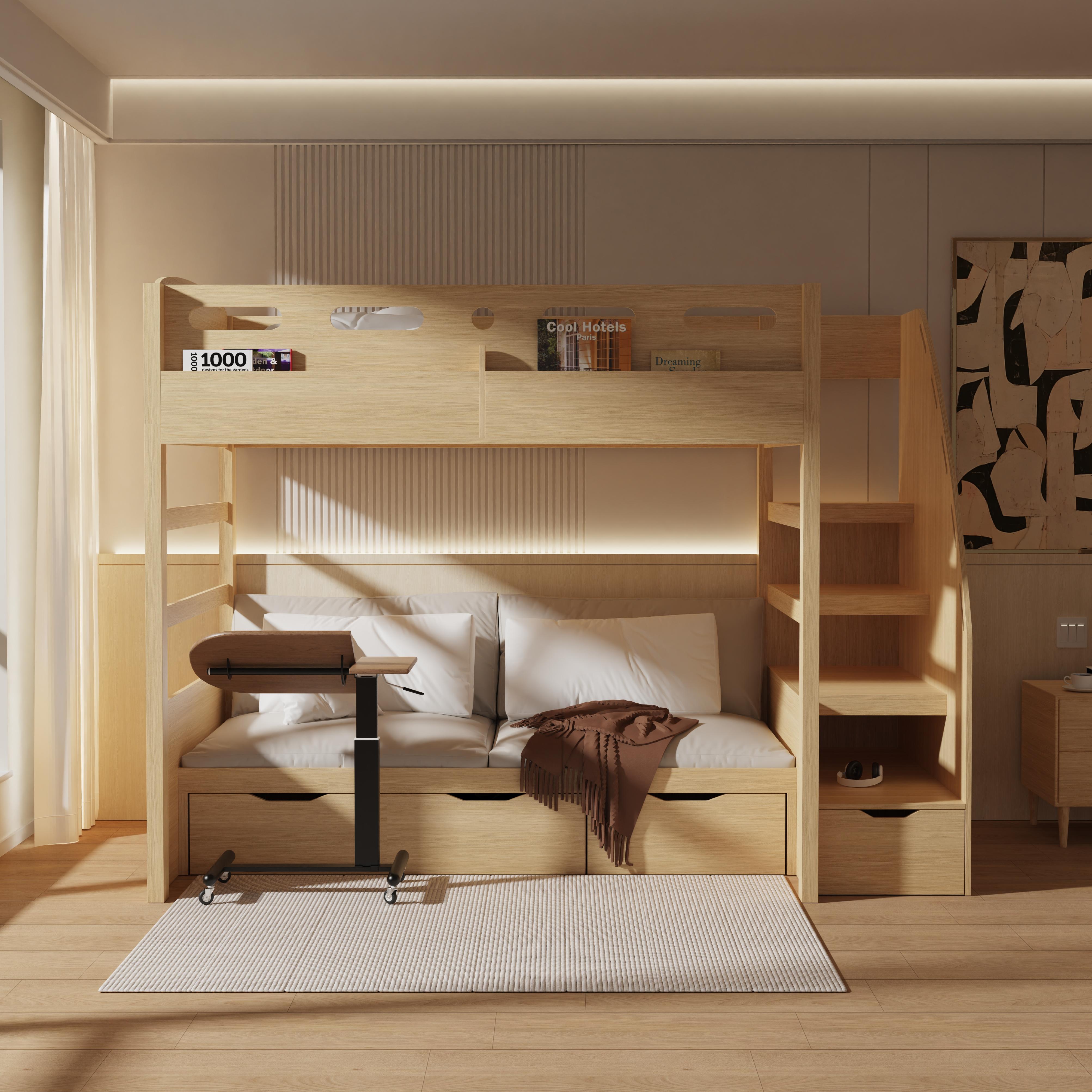 Solid Wood Bunk Bed for Kids with Storage Staircase, Space-Saving Design, Eco-Friendly Coating