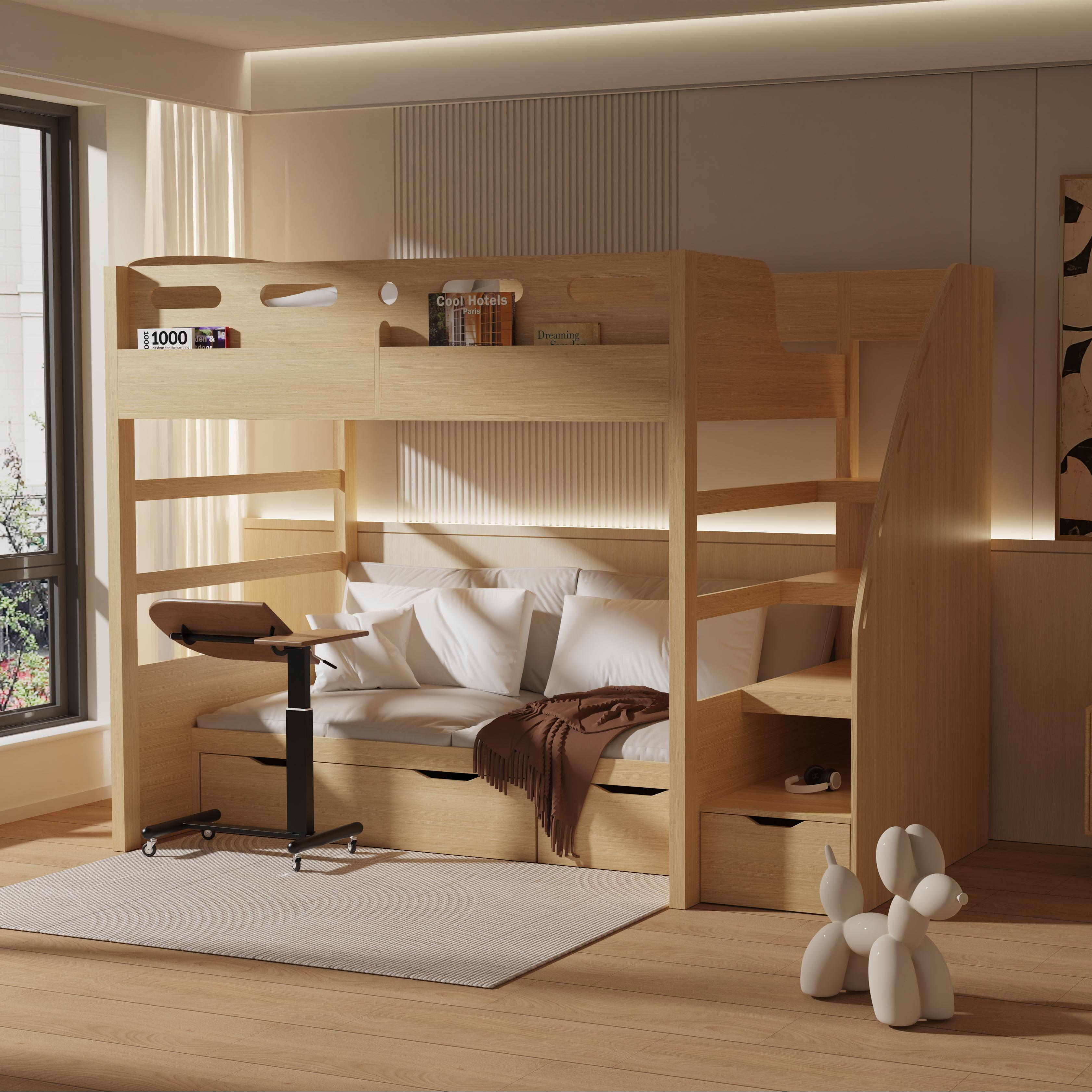 Solid Wood Bunk Bed for Kids with Storage Staircase, Space-Saving Design, Eco-Friendly Coating