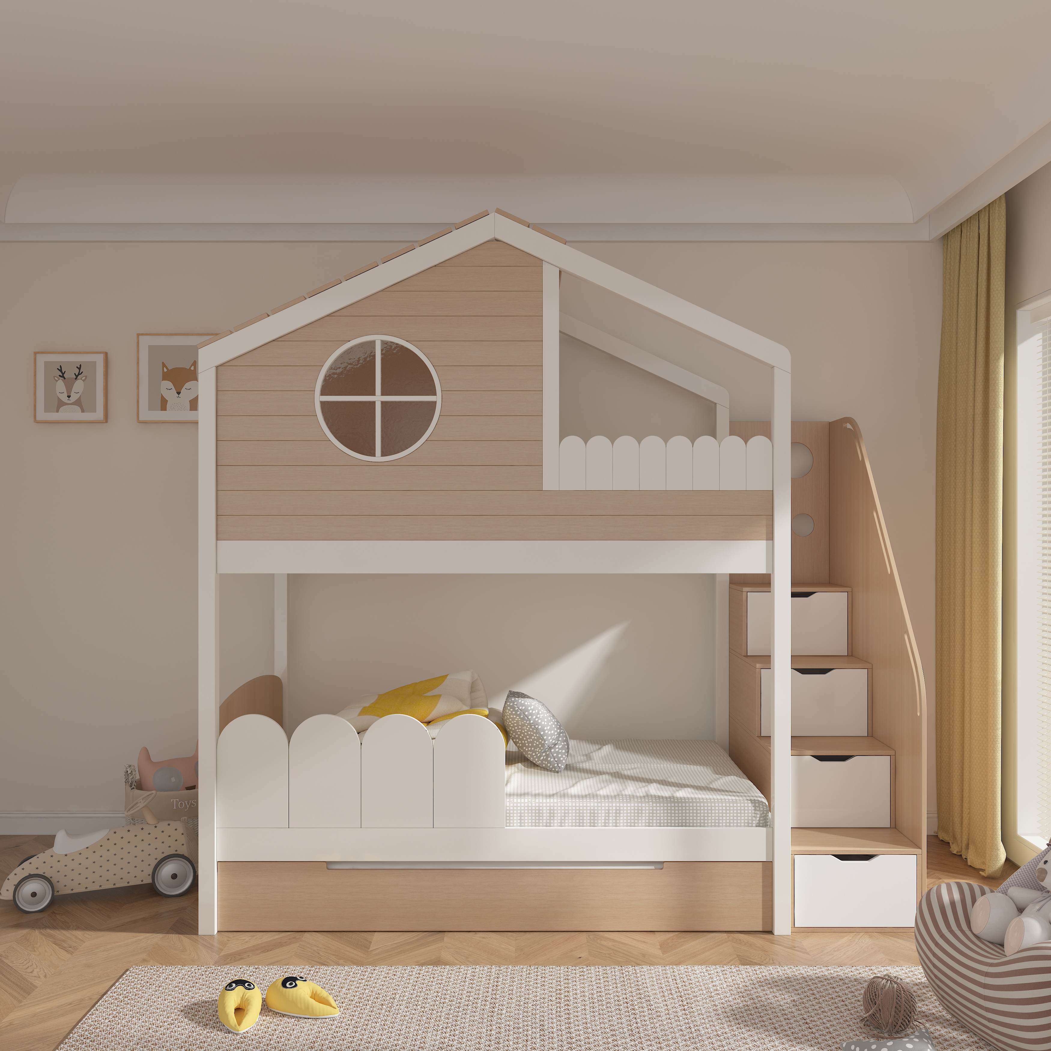 Customizable Solid Wood Treehouse Bunk Bed with Dormer Window Storage, Ladder & Multi-Level Guardrai