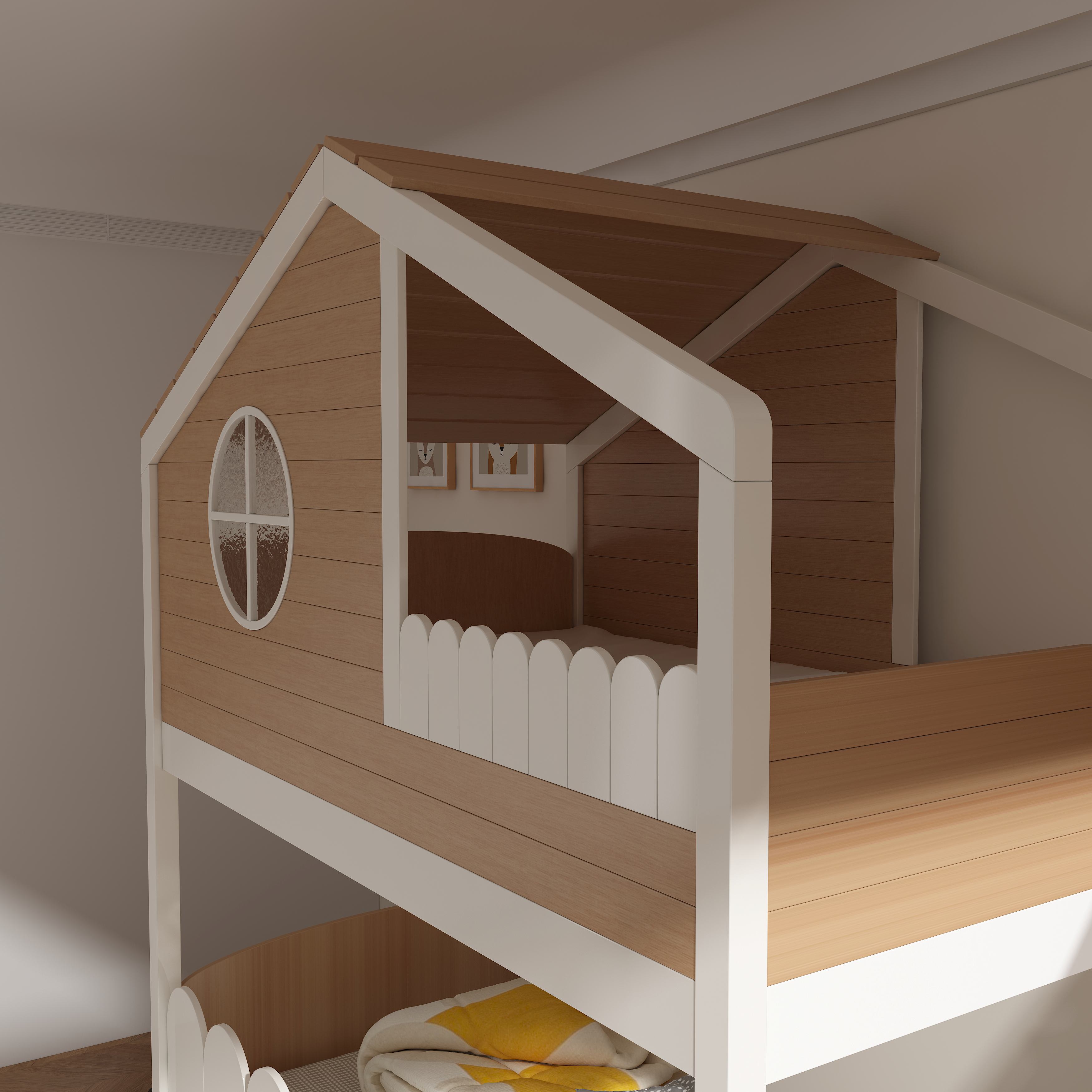 Customizable Solid Wood Treehouse Bunk Bed with Dormer Window Storage, Ladder & Multi-Level Guardrai