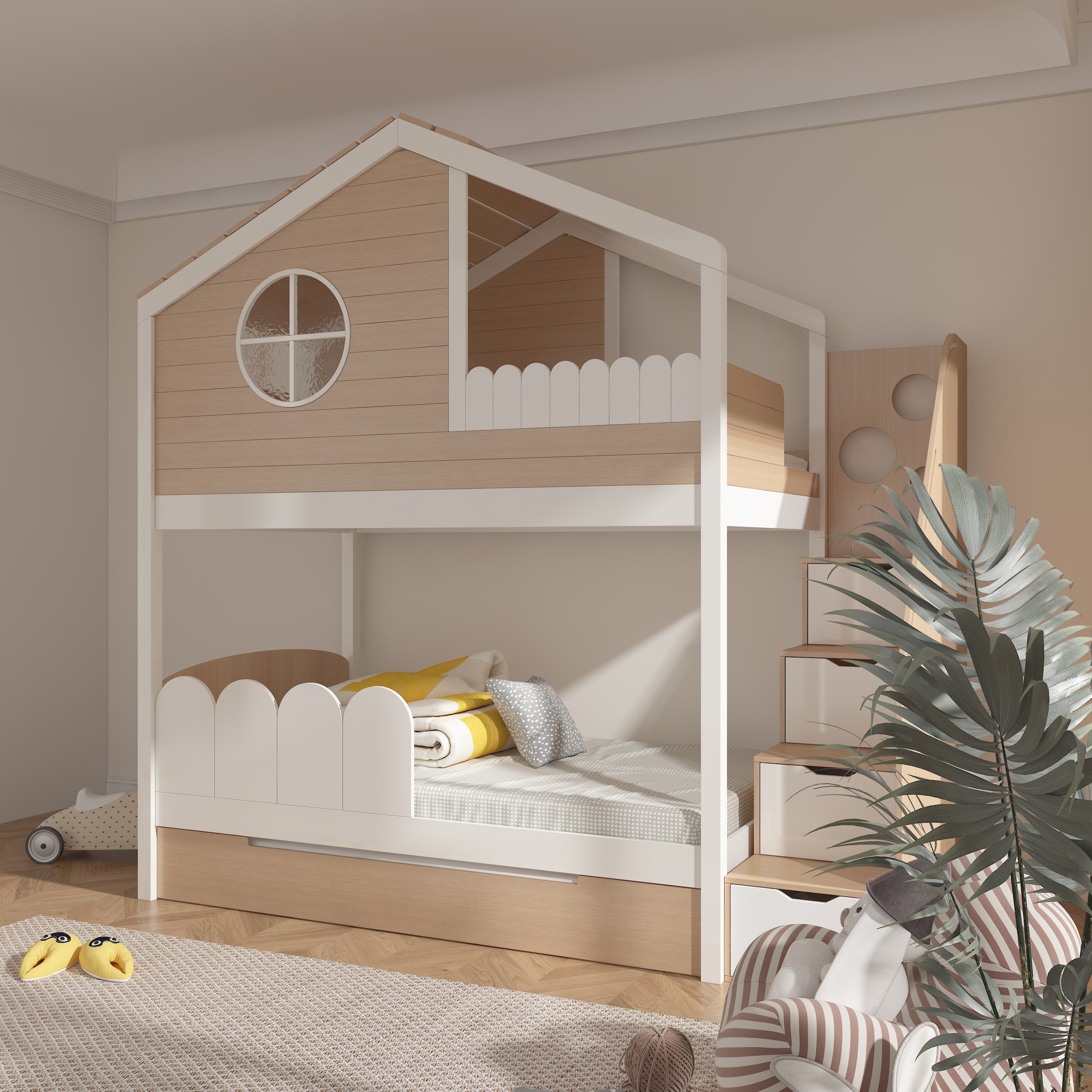 Customizable Solid Wood Treehouse Bunk Bed with Dormer Window Storage, Ladder & Multi-Level Guardrai