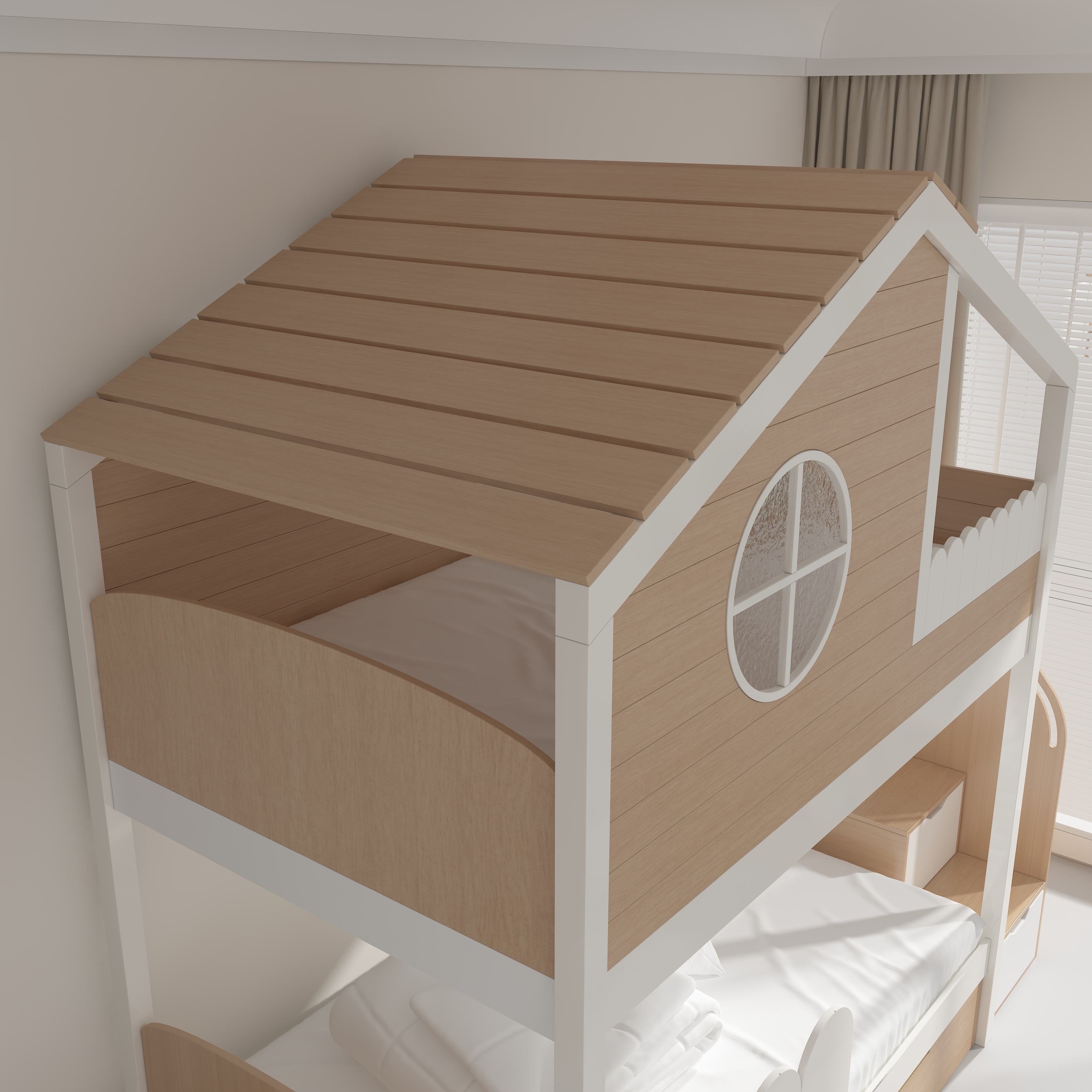 Customizable Solid Wood Treehouse Bunk Bed with Dormer Window Storage, Ladder & Multi-Level Guardrai