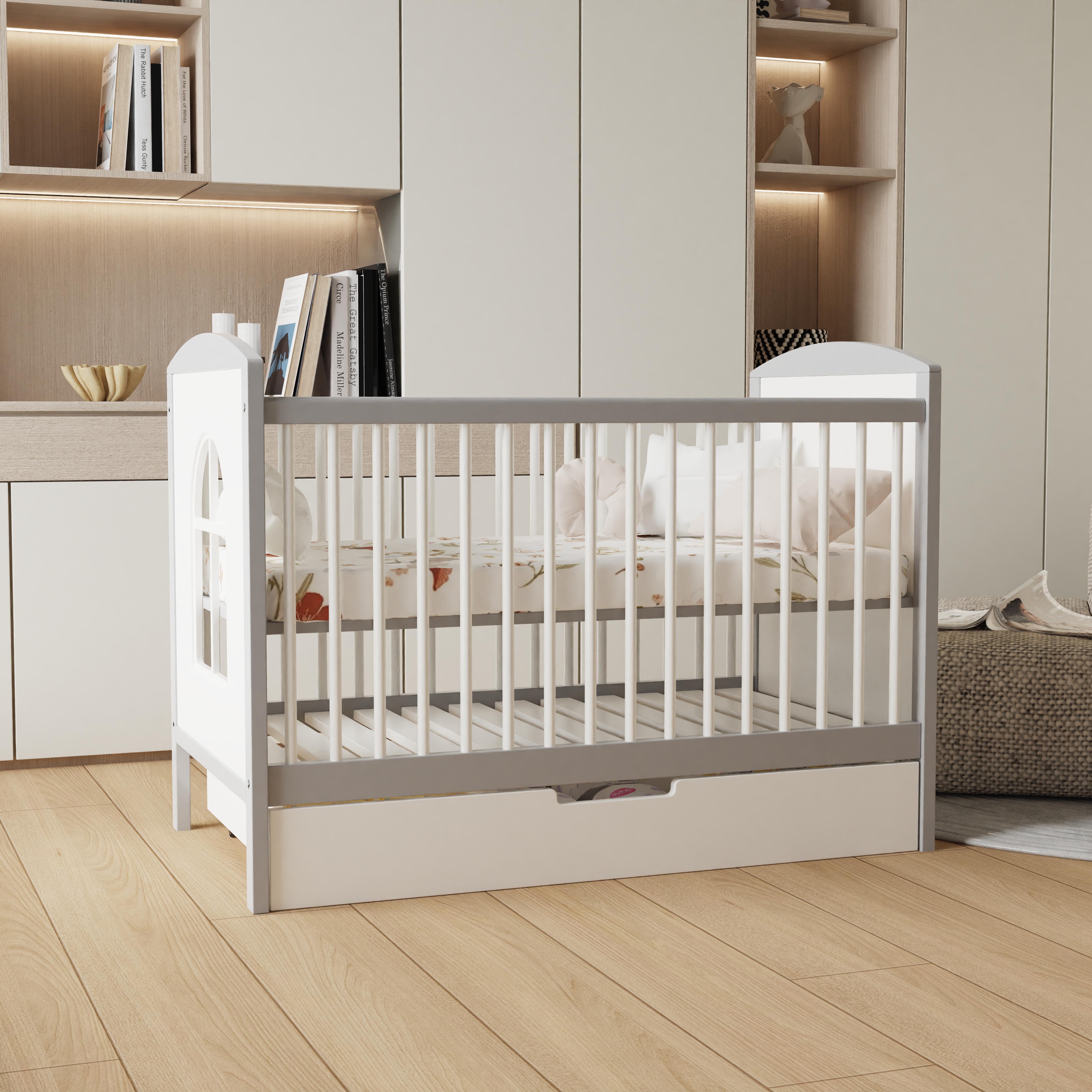 Customizable white children's bed with pull-out storage space and observation window