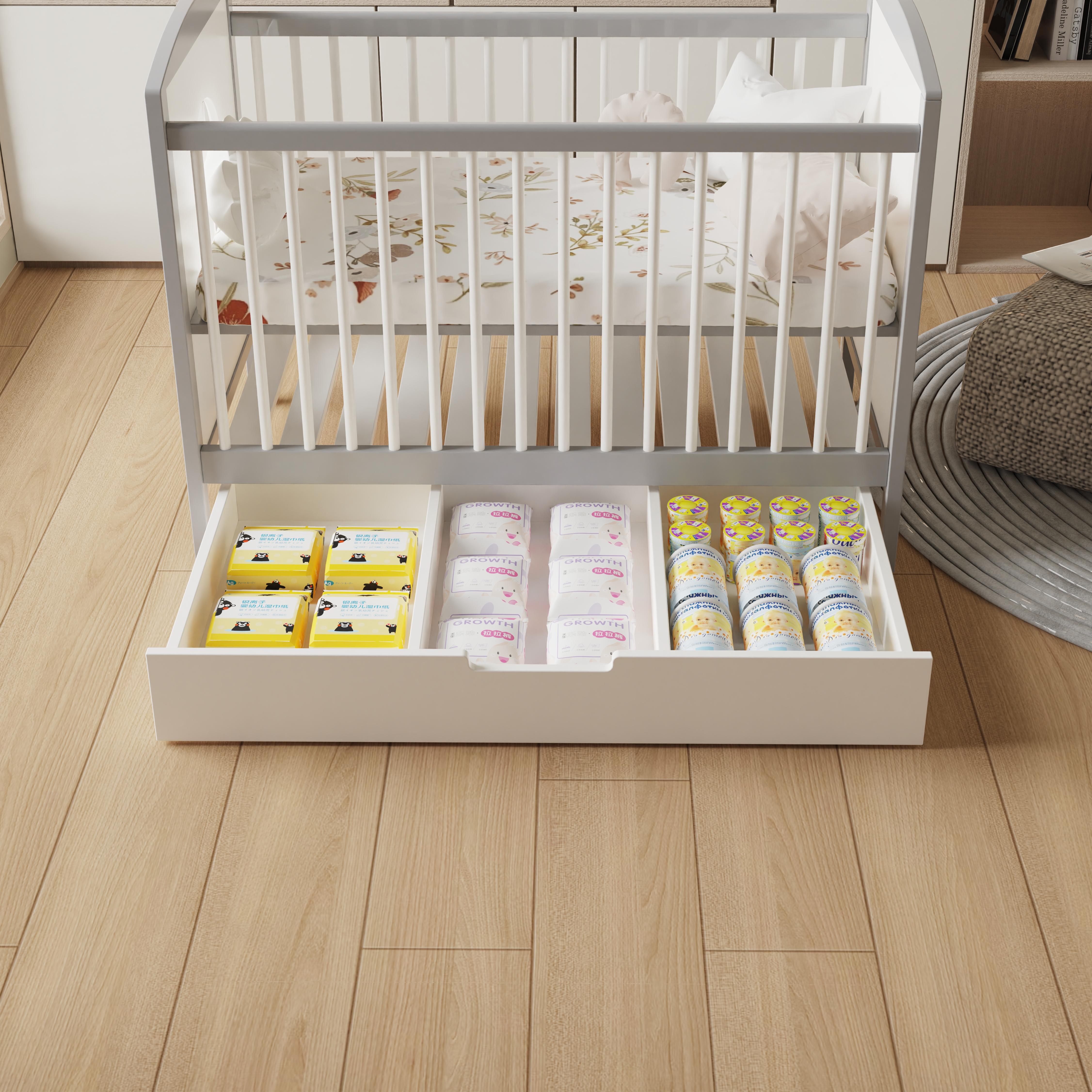 Customizable white children's bed with pull-out storage space and observation window