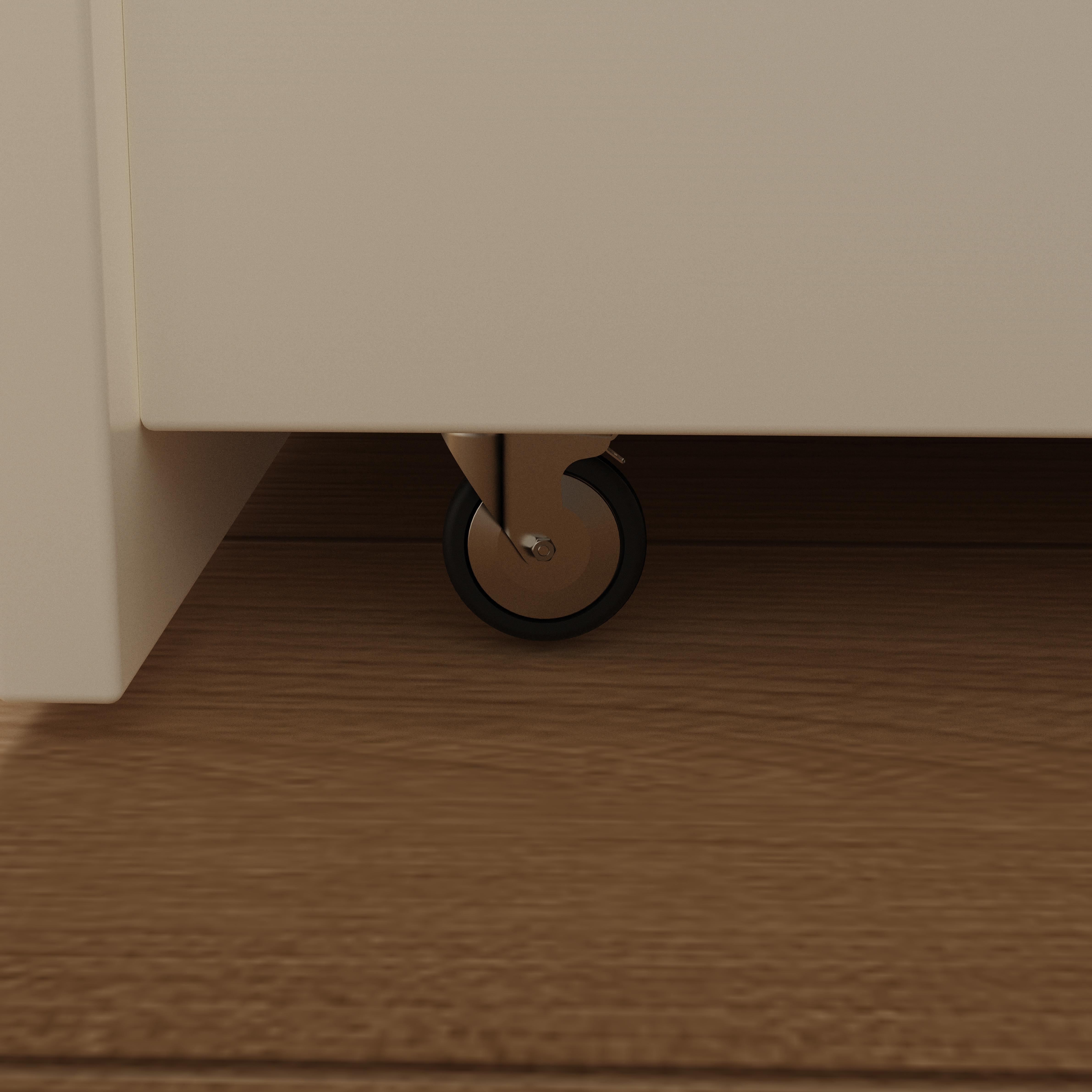 Customizable white children's bed with pull-out storage space and observation window