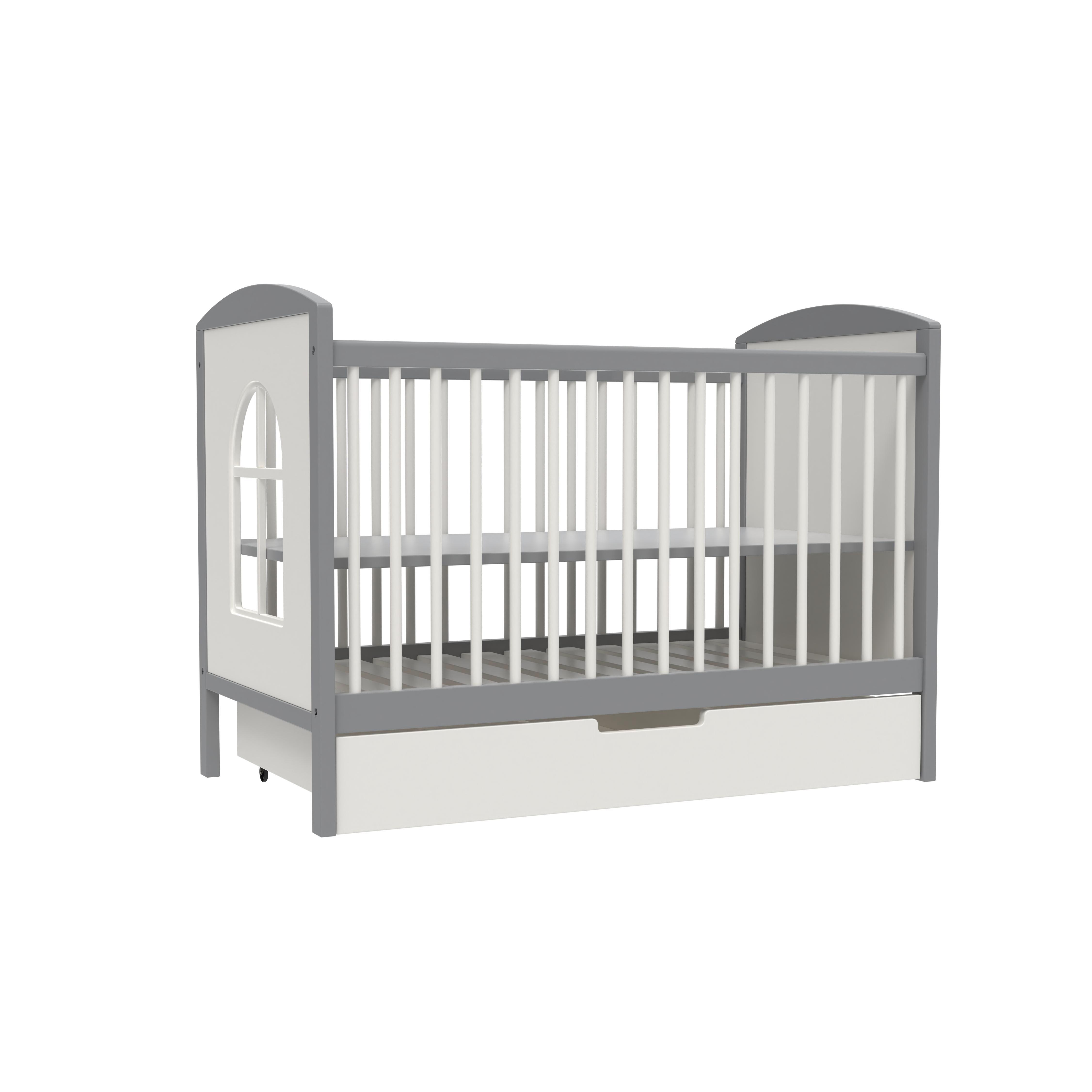 Customizable white children's bed with pull-out storage space and observation window