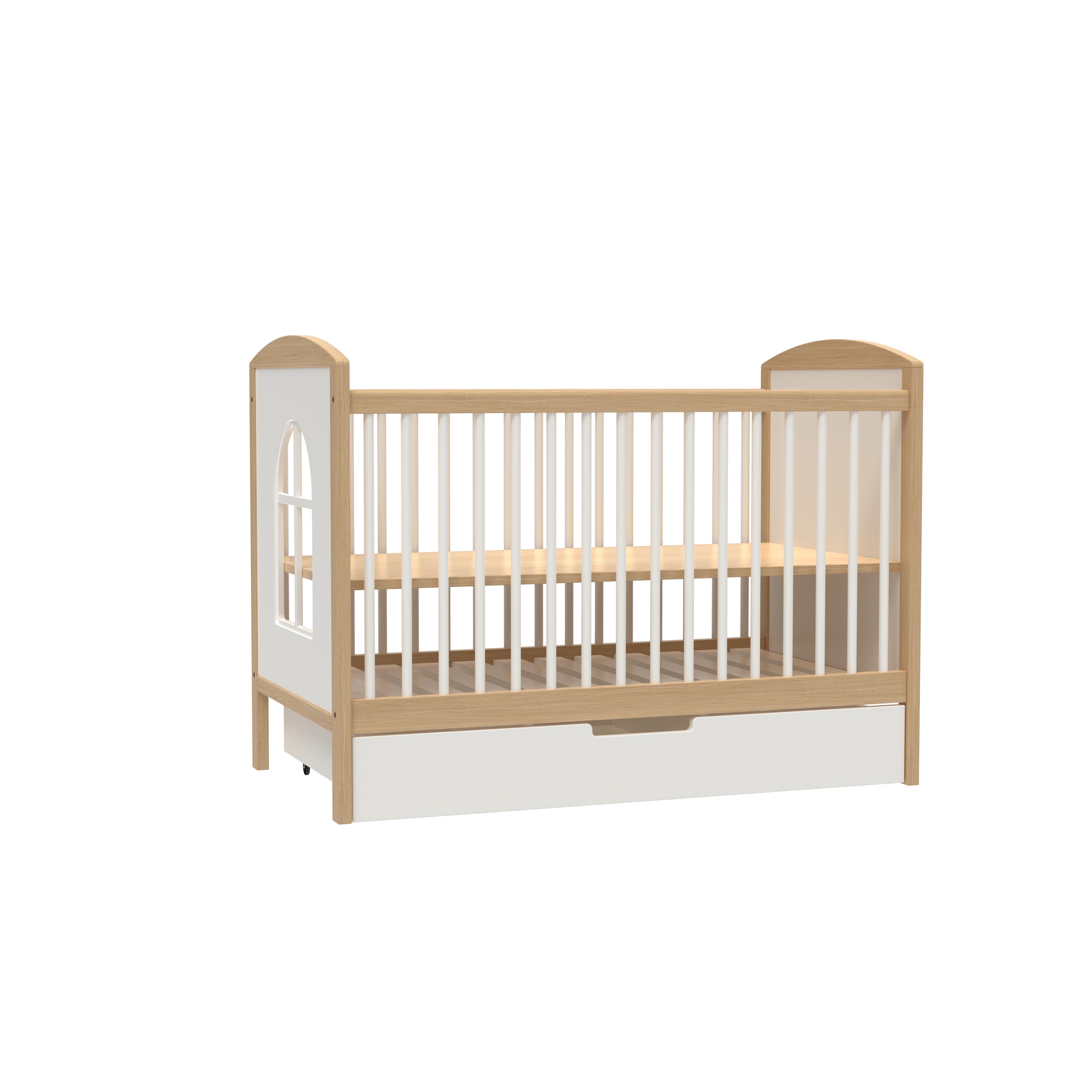 Customizable white children's bed with pull-out storage space and observation window