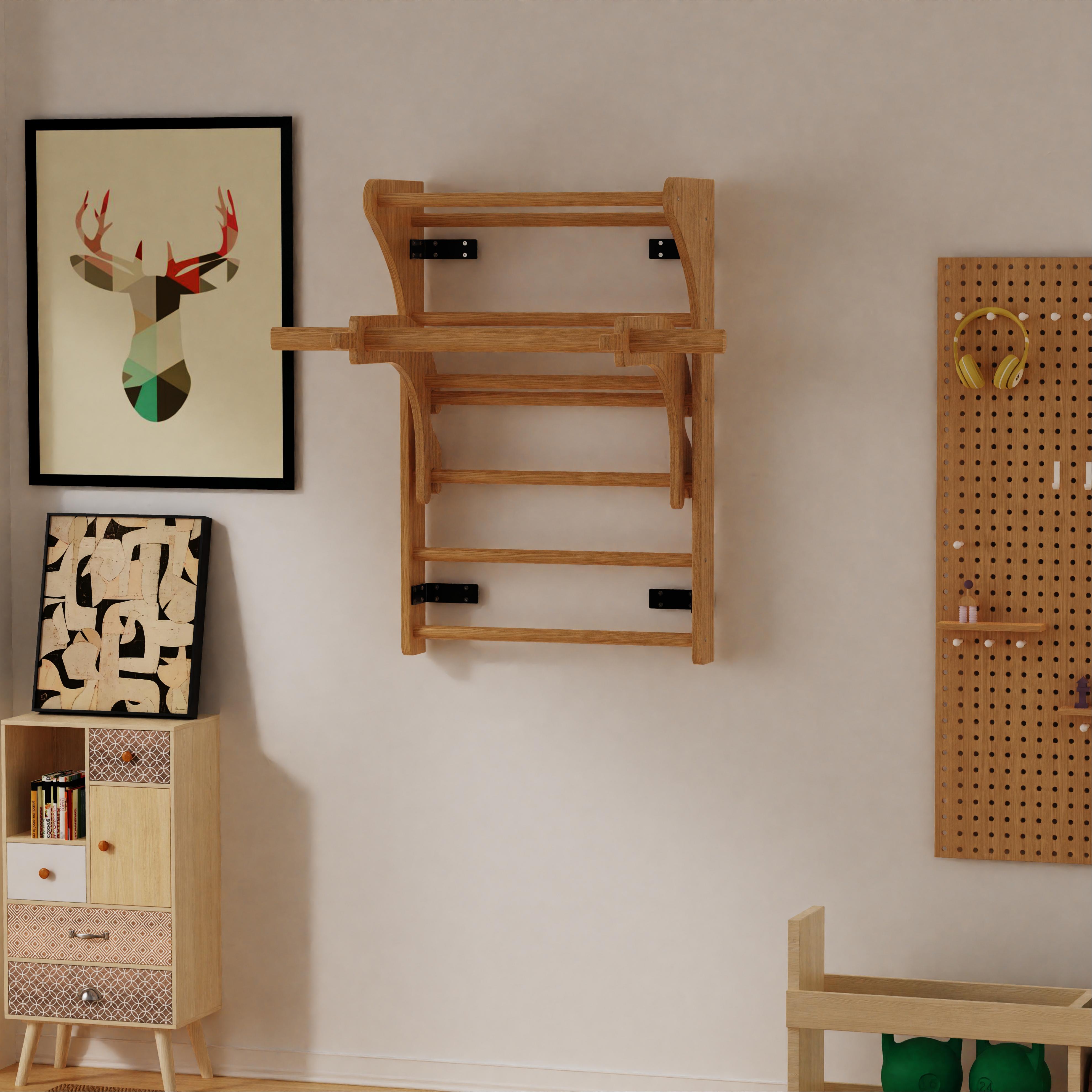 Wall-mounted kids' climbing frame, made of natural solid wood for toddlers and children