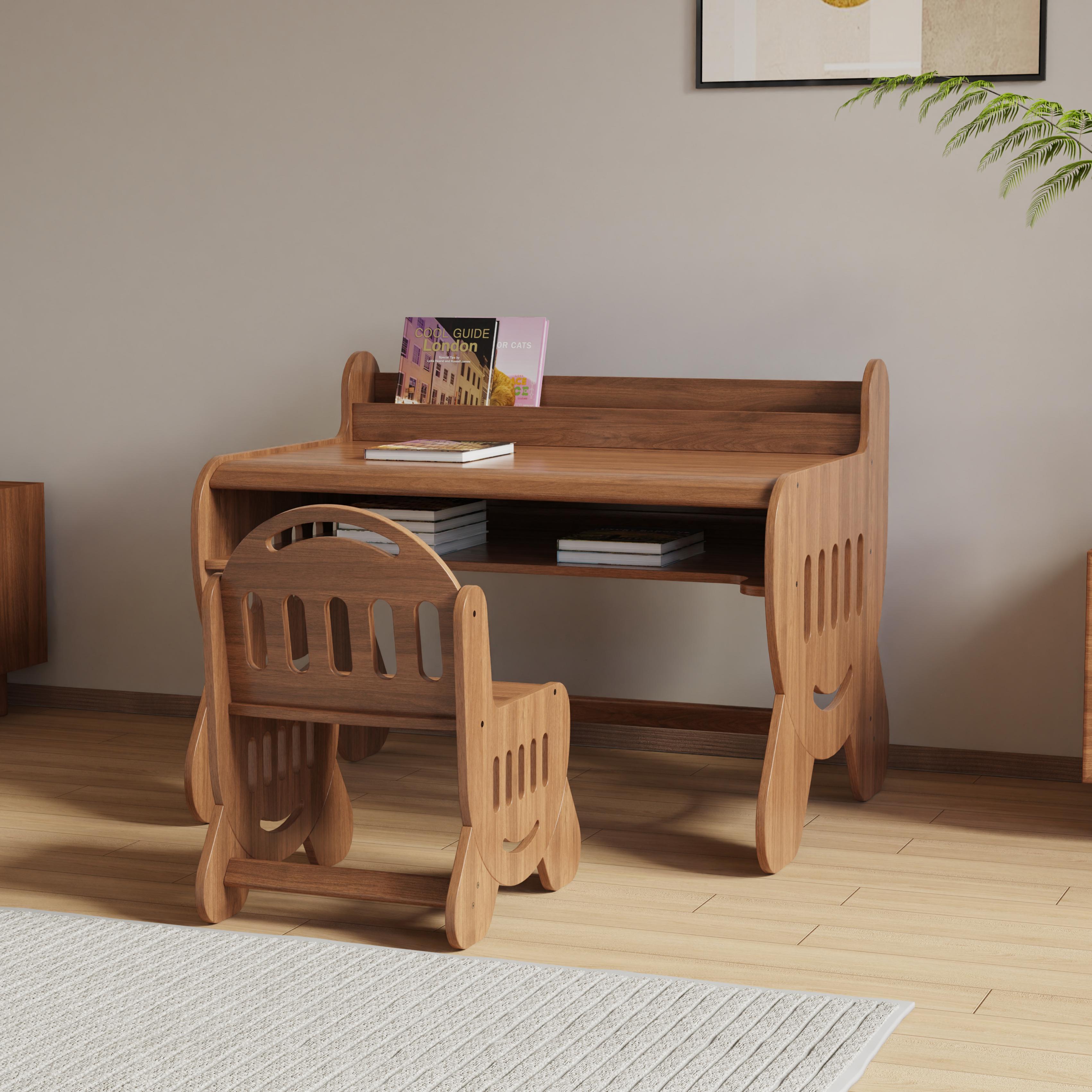 Customizable Natural Solid Wood Kids Study Desk and Chair Set with Bookshelf