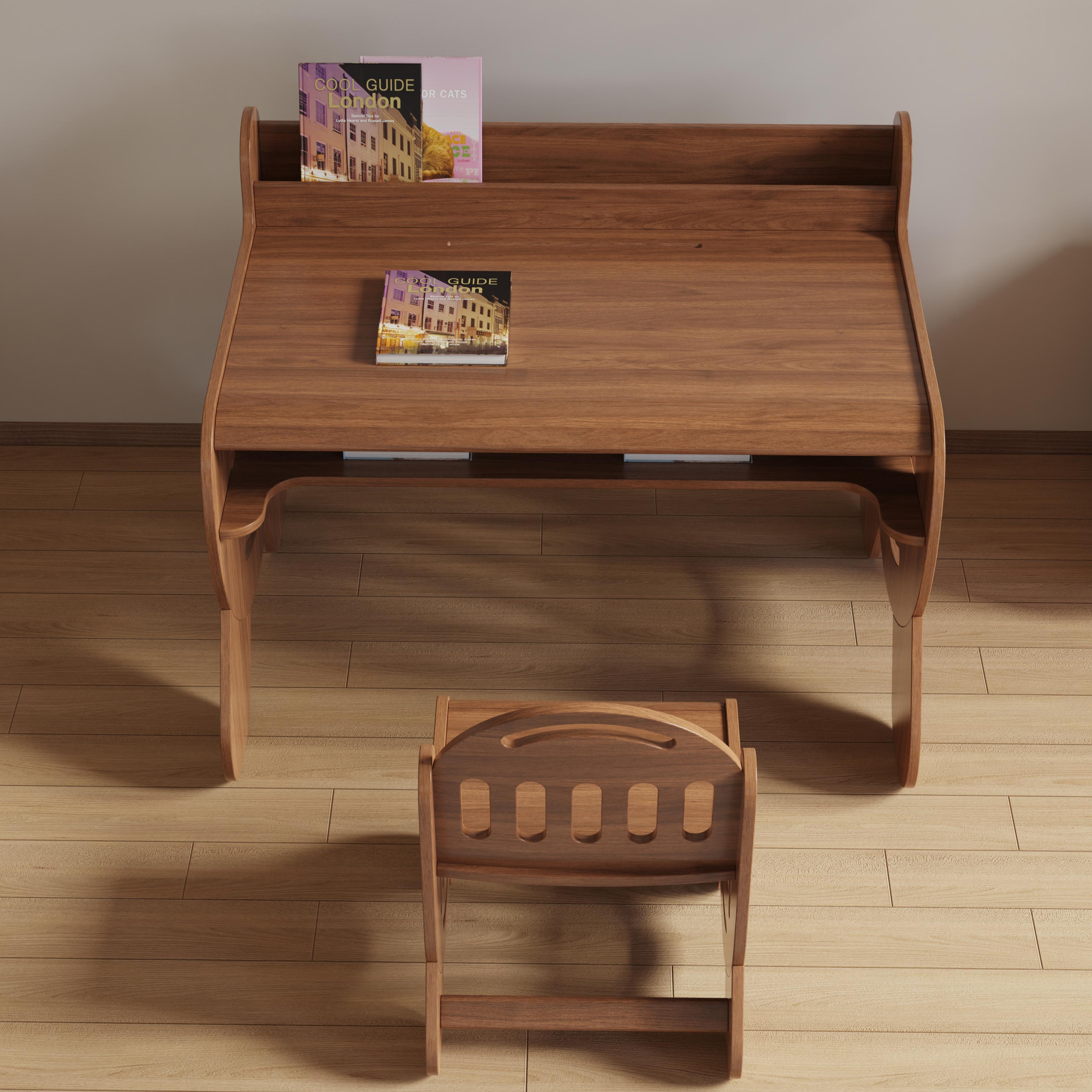 Customizable Natural Solid Wood Kids Study Desk and Chair Set with Bookshelf