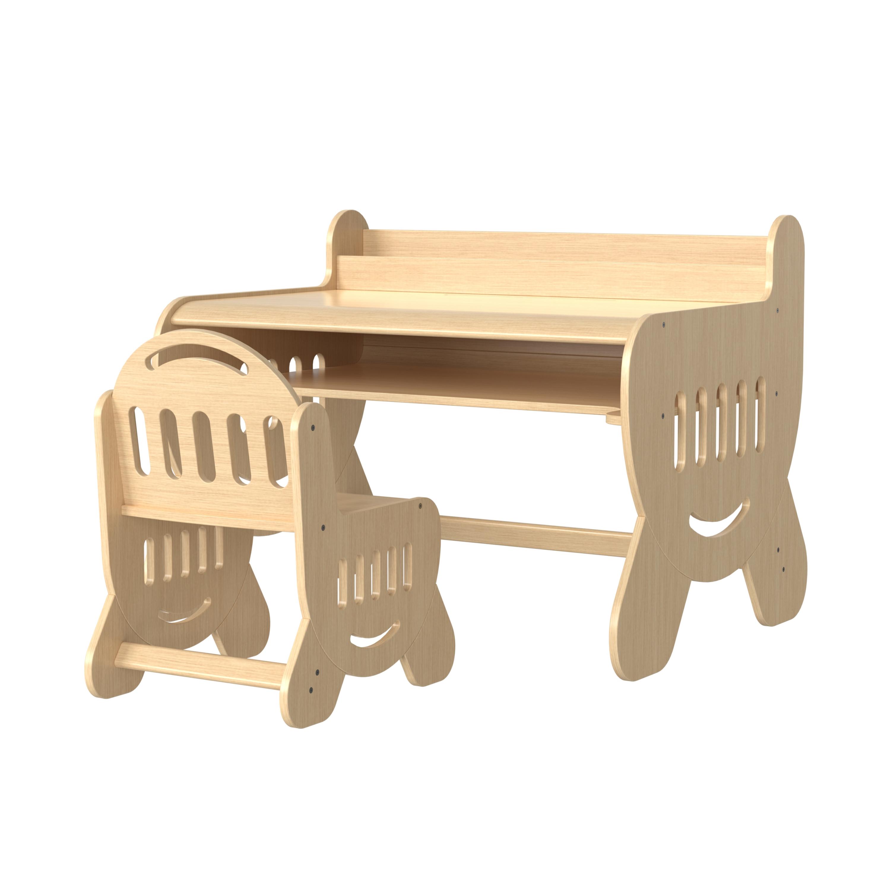 Customizable Natural Solid Wood Kids Study Desk and Chair Set with Bookshelf