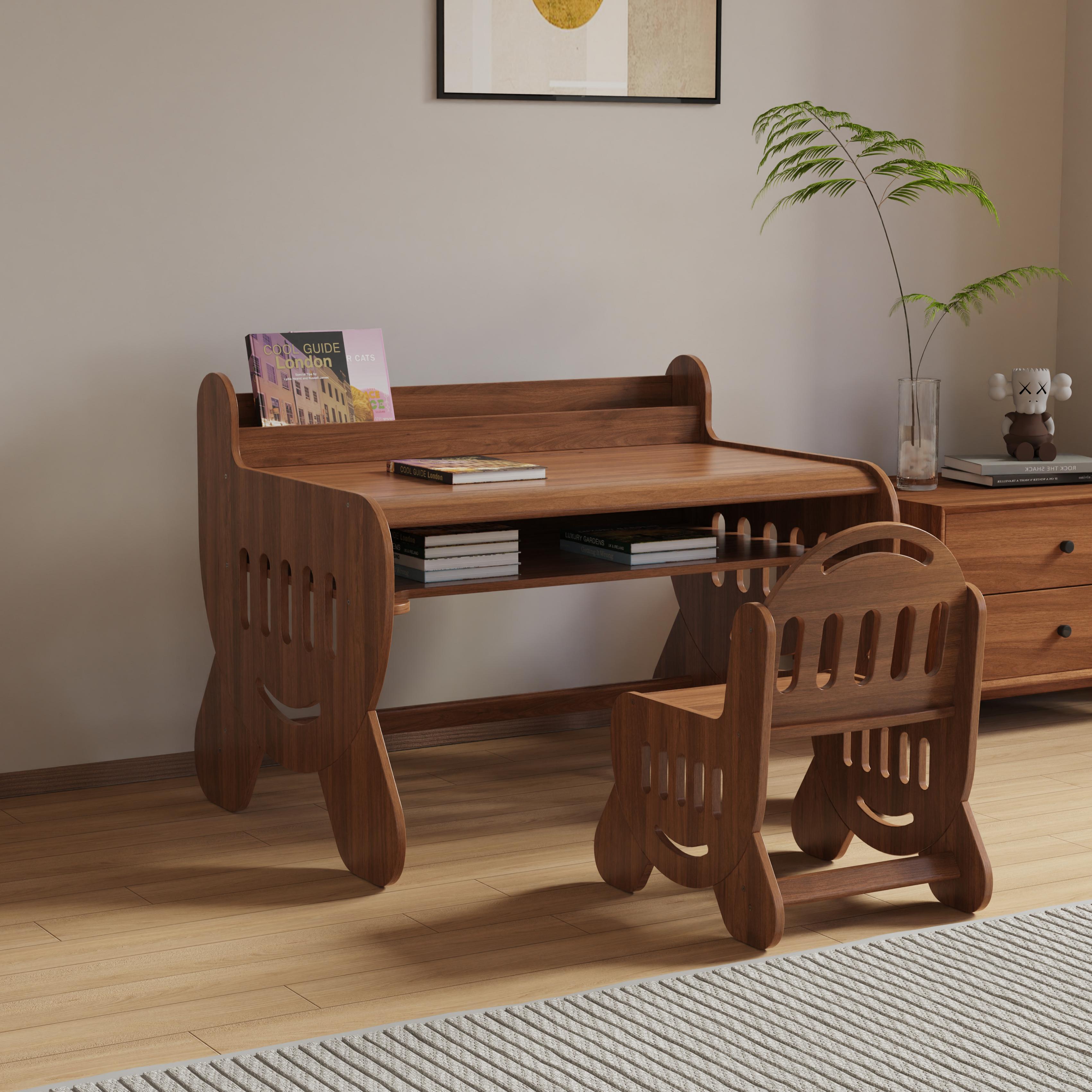 Customizable Natural Solid Wood Kids Study Desk and Chair Set with Bookshelf