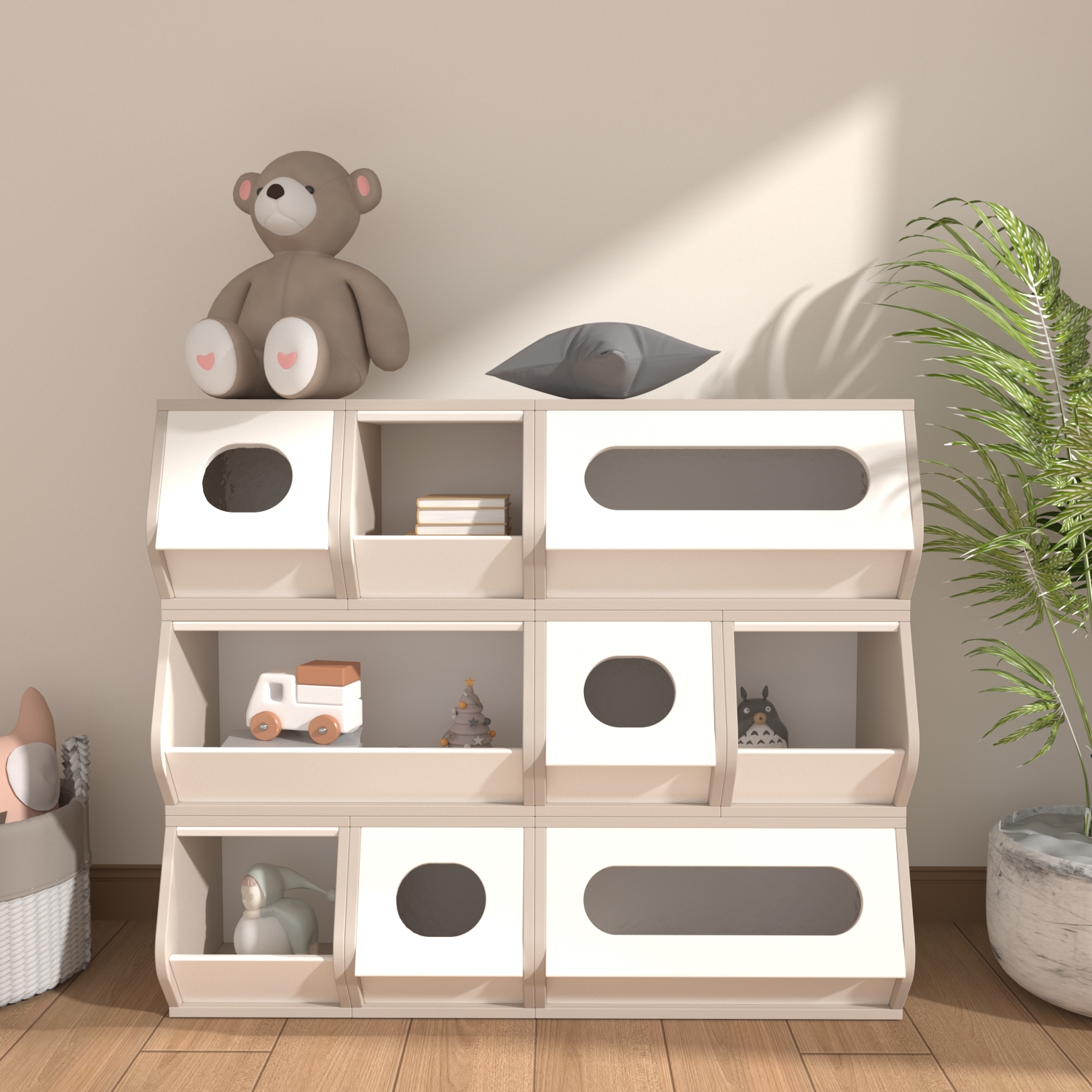 Solid Wood Kids Modular Storage Cabinet Flip Stack Design Toy  And Clothes Classification Organizer