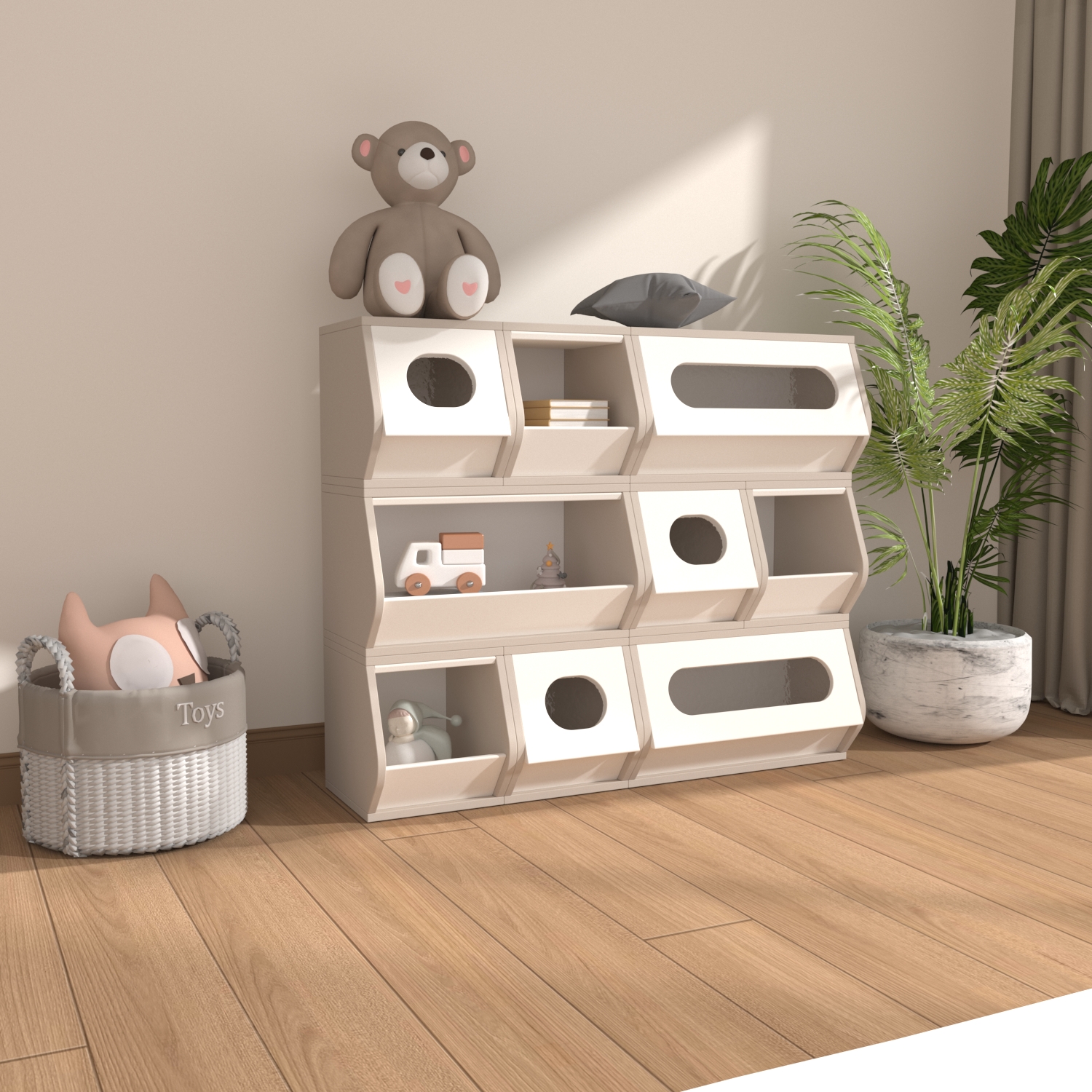 Solid Wood Kids Modular Storage Cabinet Flip Stack Design Toy  And Clothes Classification Organizer