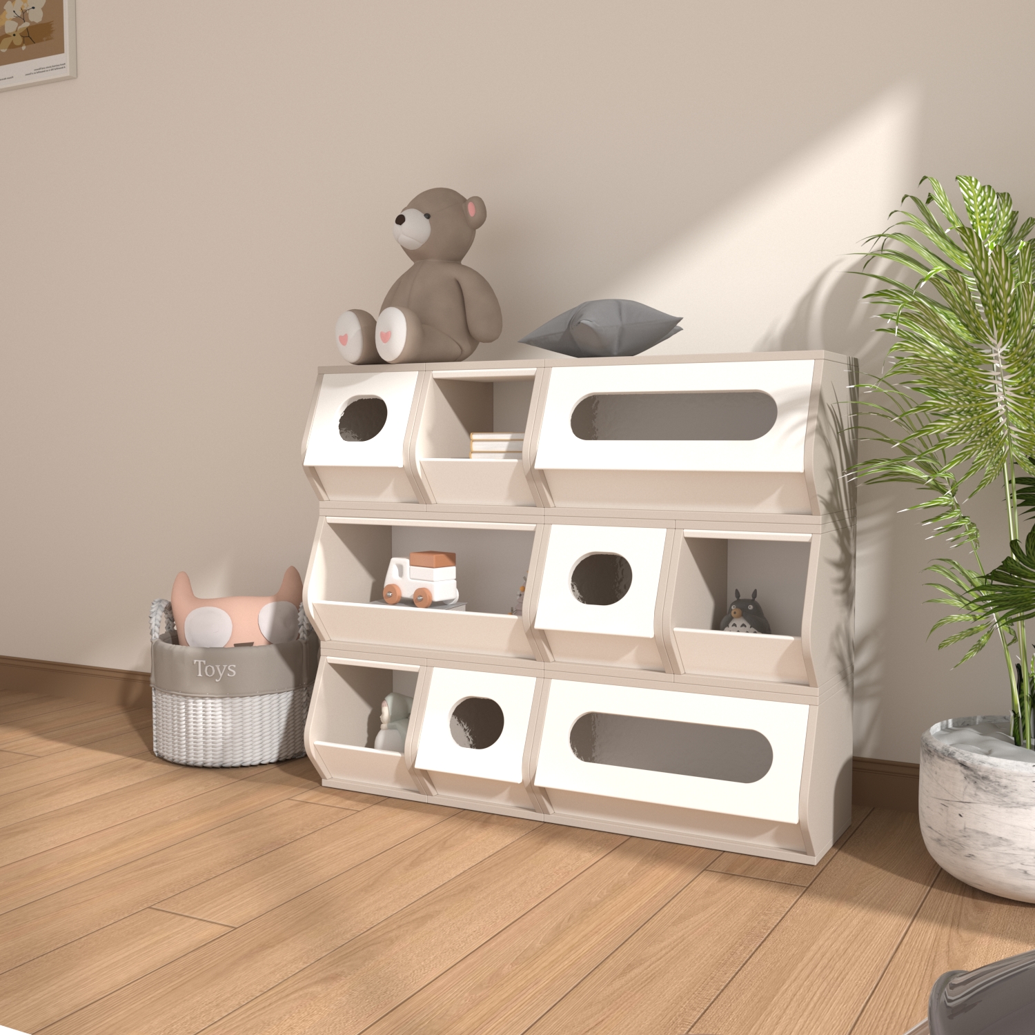 Solid Wood Kids Modular Storage Cabinet Flip Stack Design Toy  And Clothes Classification Organizer