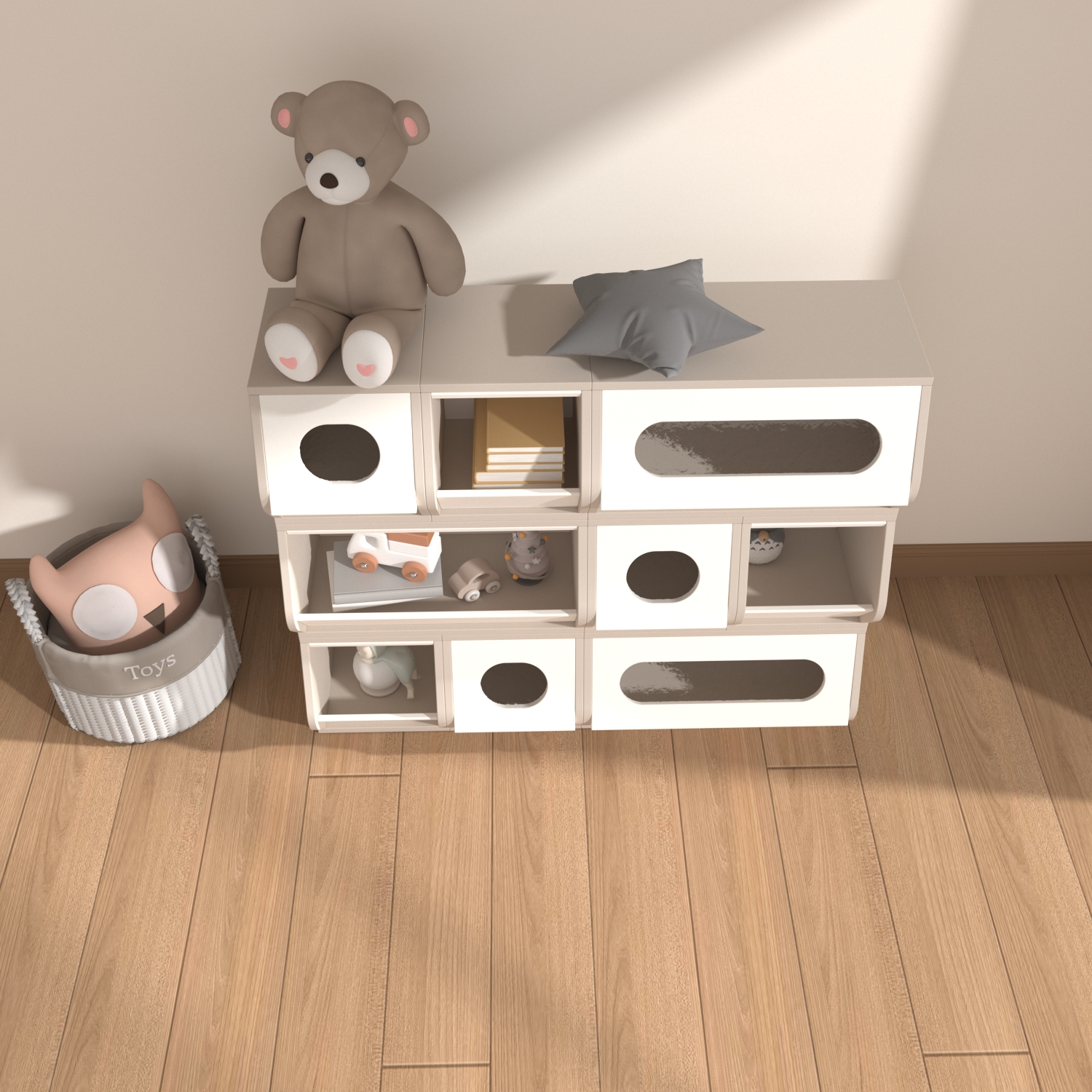 Solid Wood Kids Modular Storage Cabinet Flip Stack Design Toy  And Clothes Classification Organizer