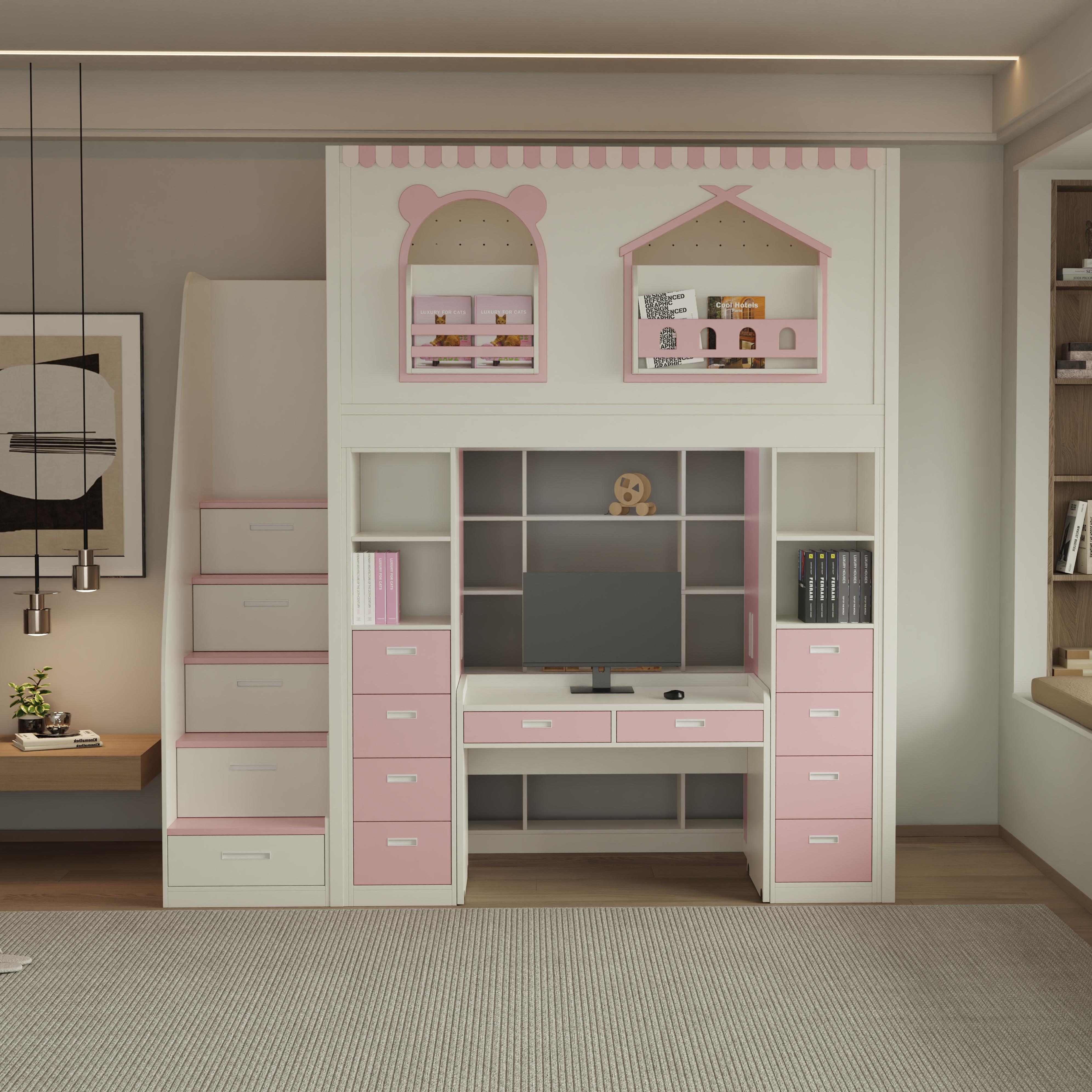Fairytale Theme Kids Loft Bed: All-in-One with Stairs, Study Desk & Storage Cabinet